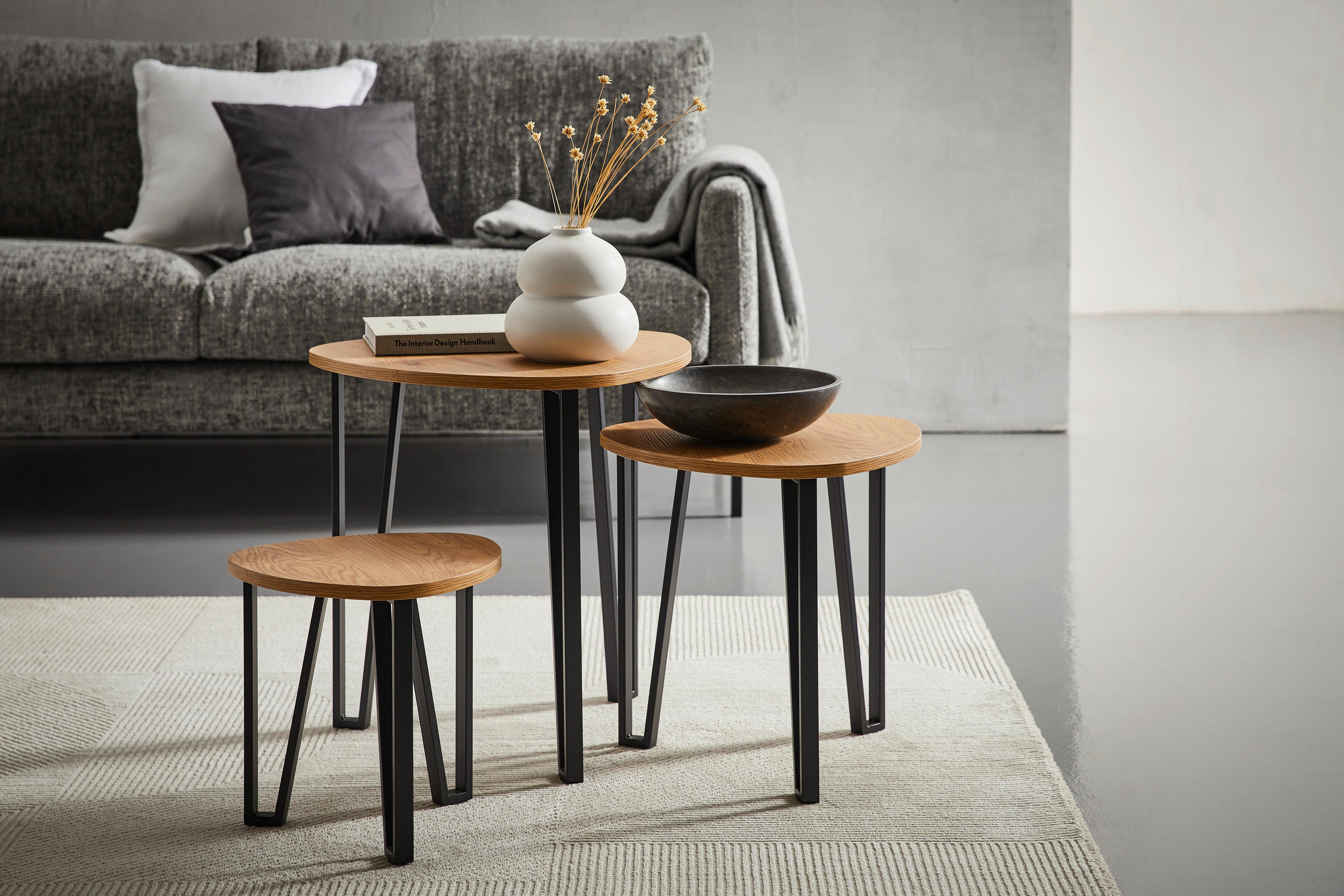 BEISTELLTISCHSET Freiform Schwarz, Eichefarben  - Eichefarben/Schwarz, Design, Metall