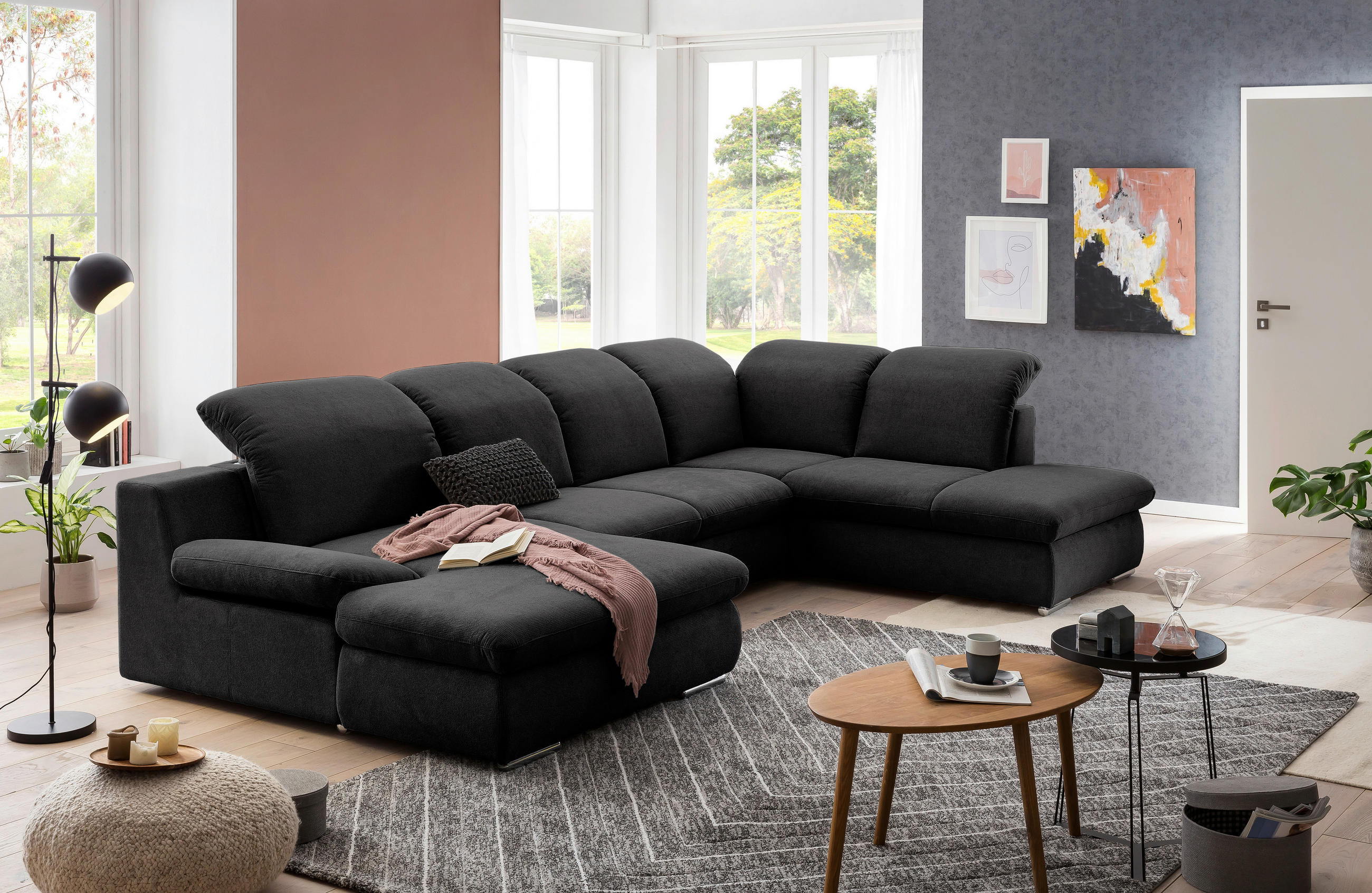 WOHNLANDSCHAFT in Chenille Schwarz - Chromfarben/Schwarz, Design, Textil/Metall (165/353/212cm) - Livetastic