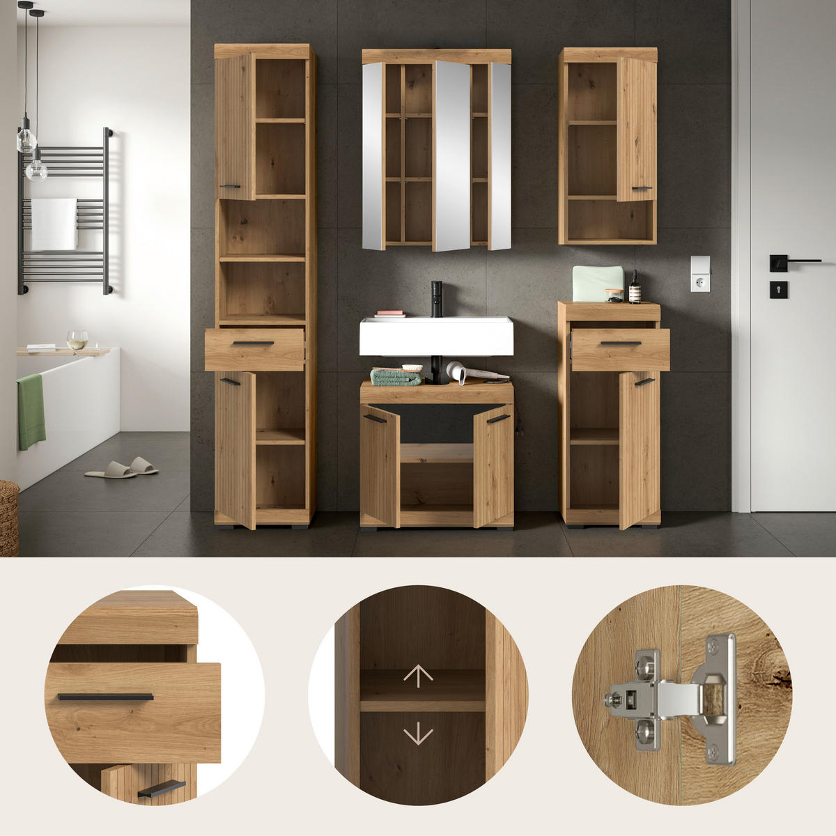 BADEZIMMER 5-teilig  in 134 cm  - Schwarz/Eiche Artisan, Trend, Glas/Holzwerkstoff (134cm) - MID.YOU
