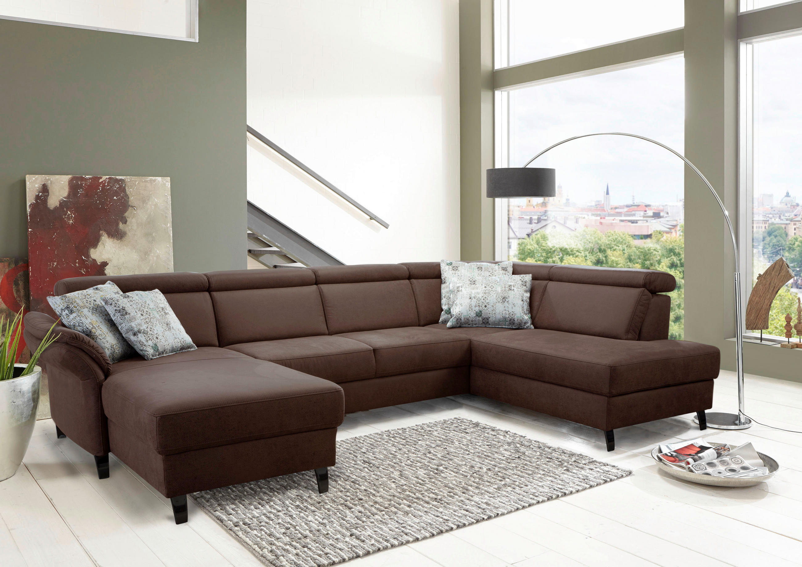 WOHNLANDSCHAFT Cognac Mikrofaser  - Cognac/Schwarz, KONVENTIONELL, Textil/Metall (165/317/193cm) - Sit & More