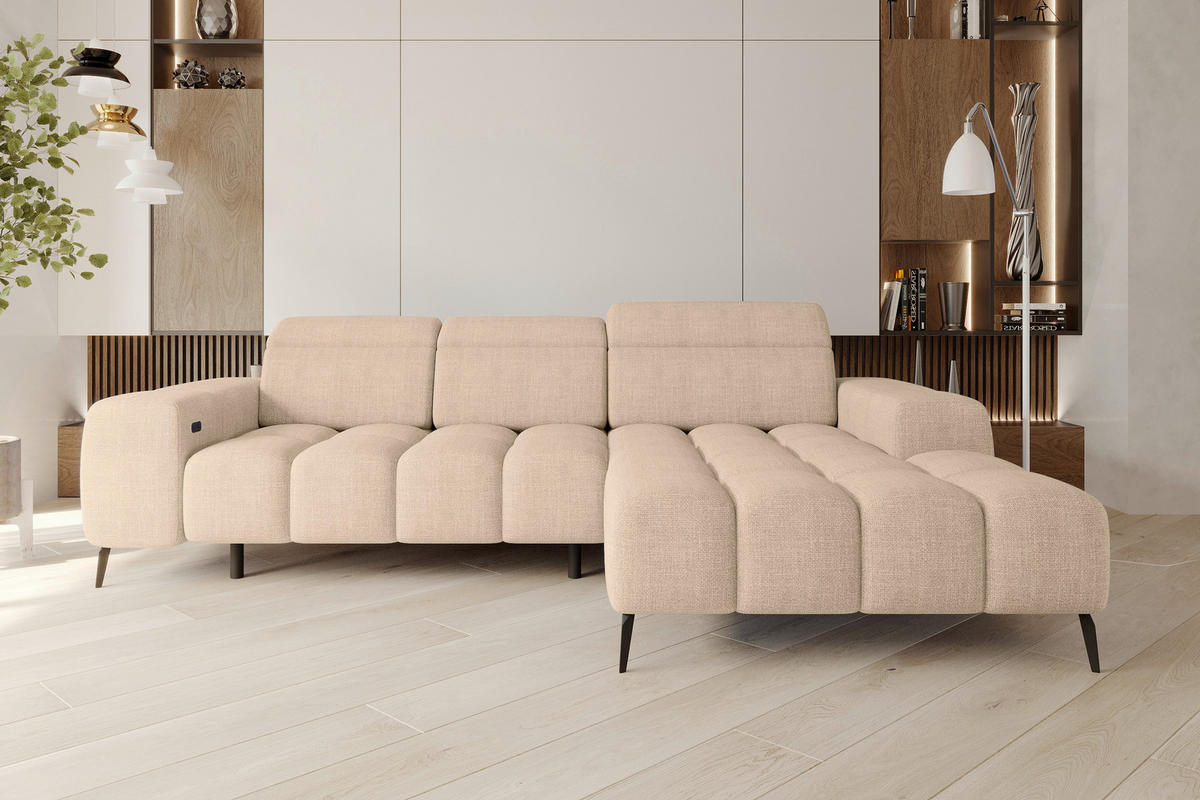 ECKSOFA Beige Flachgewebe Rücken echt, Kopfteilverstellung, Sitztiefenverstellung  - Beige/Schwarz, KONVENTIONELL, Kunststoff/Textil (273/171cm) - Carryhome