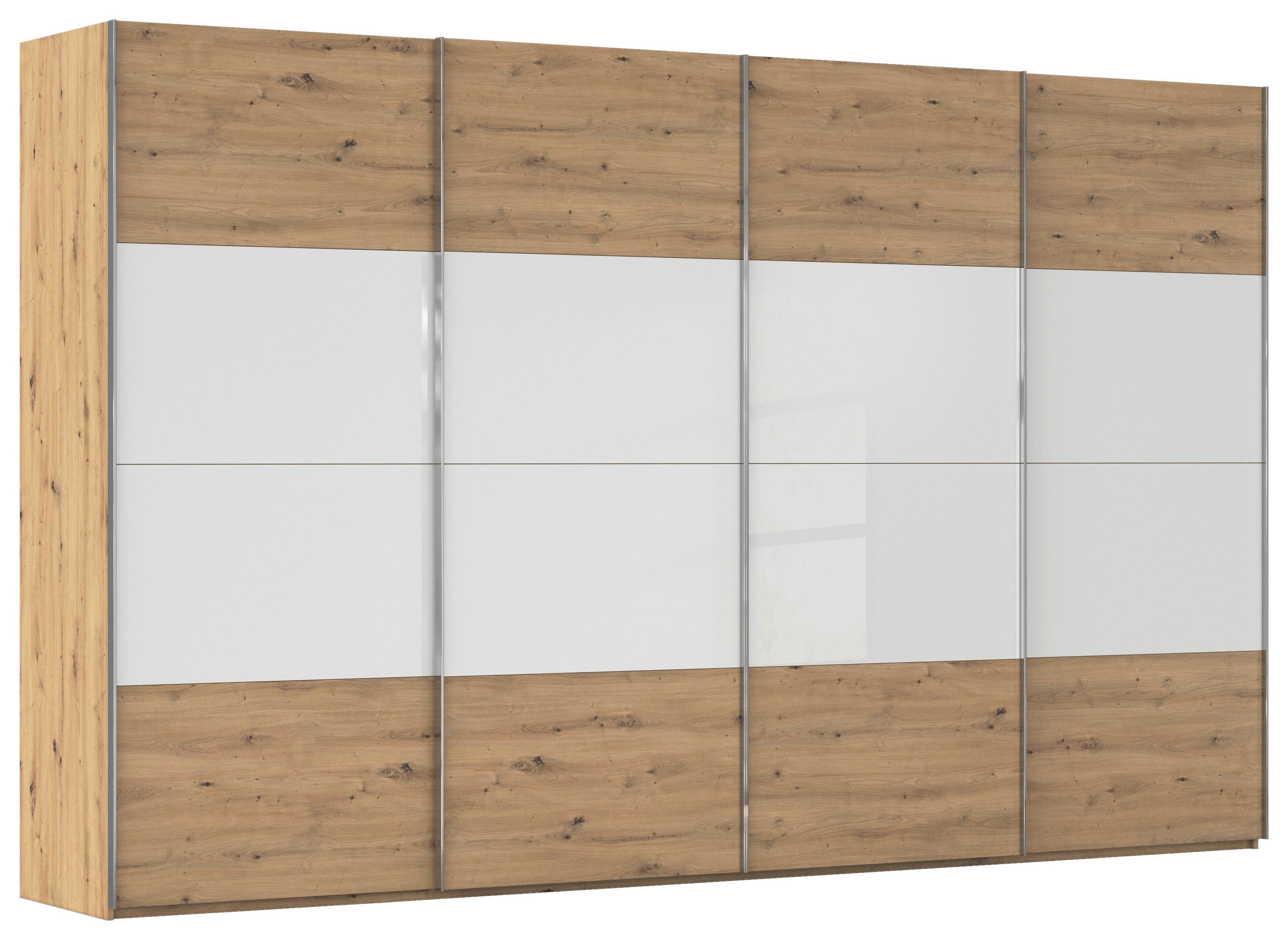 SCHWEBETÜRENSCHRANK 361/223/68 cm 4-türig Weiß, Eiche Artisan  - Chromfarben/Weiß, KONVENTIONELL, Glas/Holzwerkstoff (361/223/68cm) - Novel