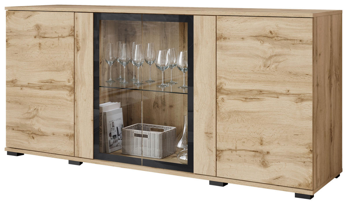 SIDEBOARD Caro  in 150/69,7/39,5 cm  - Eiche Wotan/Schwarz, Design, Glas/Holzwerkstoff (150/69,7/39,5cm) - P & B