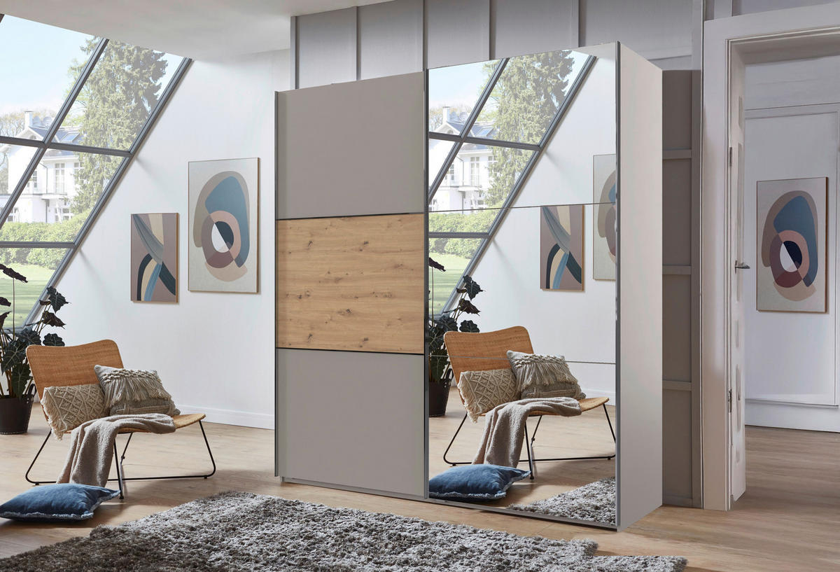 SCHWEBETÜRENSCHRANK 200/216/65 cm 2-türig Grau, Edelstahlfarben, Eiche Artisan  - Edelstahlfarben/Eiche Artisan, KONVENTIONELL, Glas/Holzwerkstoff (200/216/65cm) - Stylife