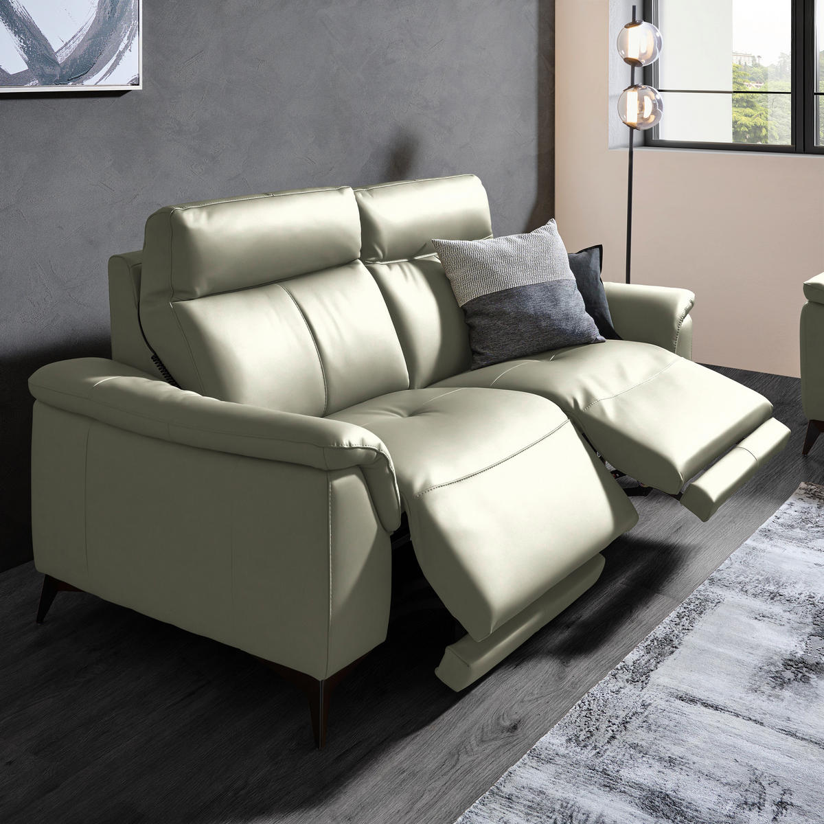 3-SITZER-SOFA Echtleder Hellgrau  - Hellgrau/Schwarz, Design, Leder/Metall (207/107/98cm) - Belluti
