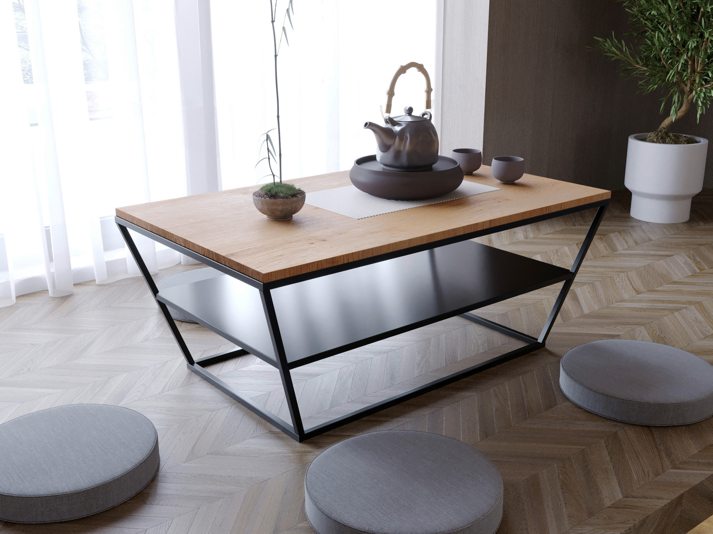 Thumbnail - Boxxx Couchtisch, Schwarz, Wildeiche, Holz, Metall, Wildeiche, massiv, rechteckig, eckig, 60x40x100 cm, offenes Fach, Wo...