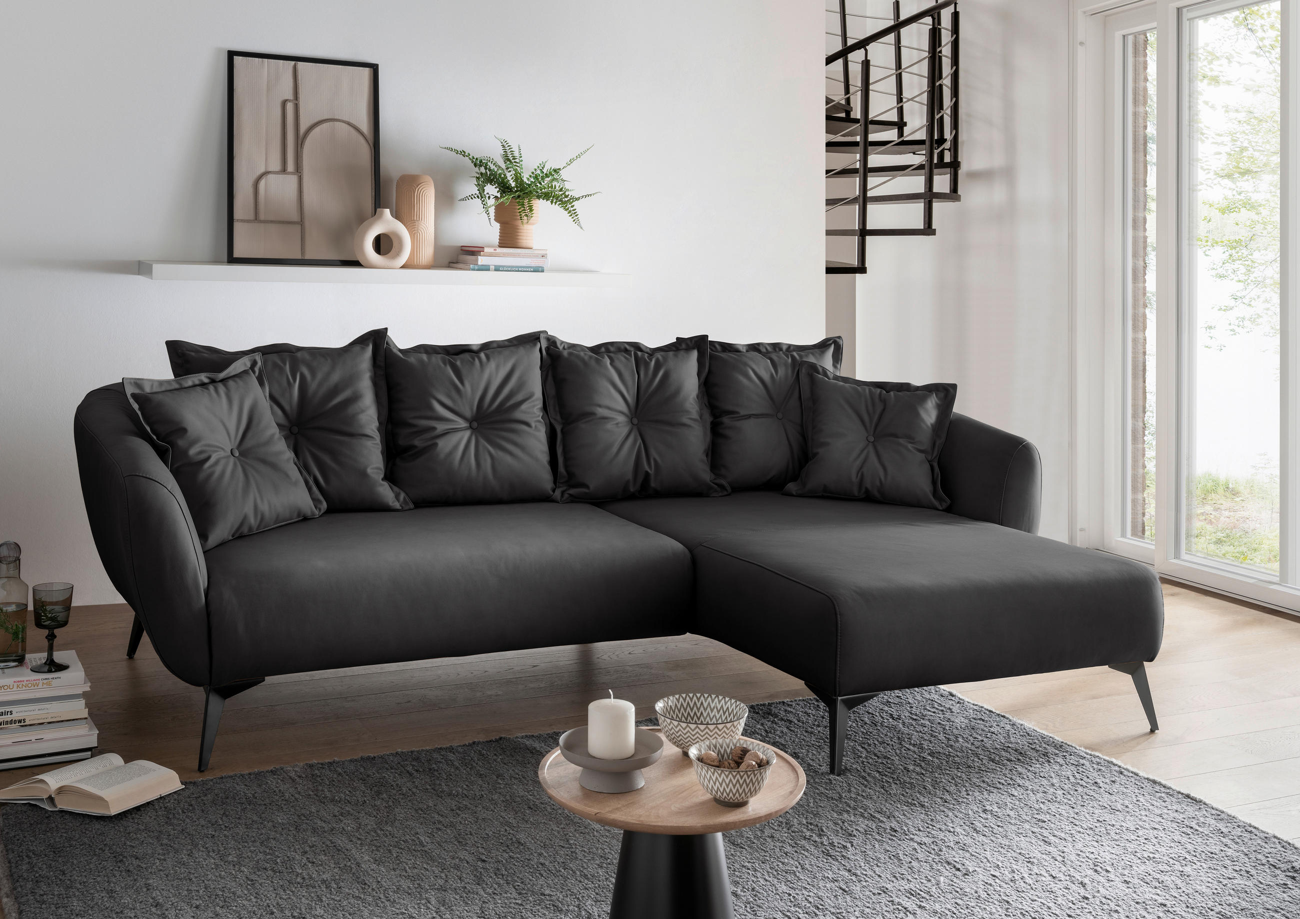 ECKSOFA in Lederlook Schwarz  - Schwarz, Modern, Textil/Metall (277/162cm) - Livetastic