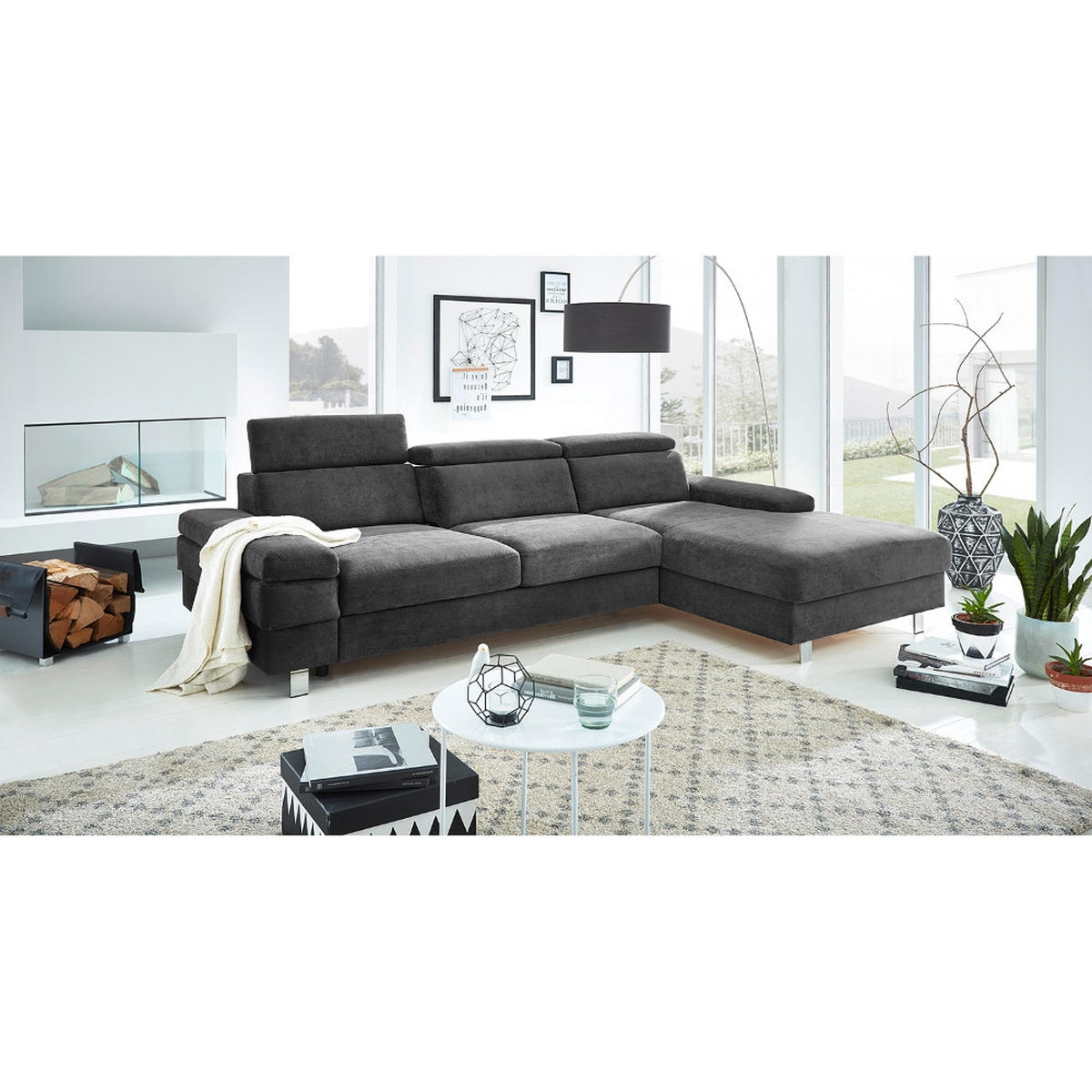 ECKSOFA in Webstoff Anthrazit  - Anthrazit/Silberfarben, KONVENTIONELL, Textil/Metall (182/82/260cm) - Trendmanufaktur