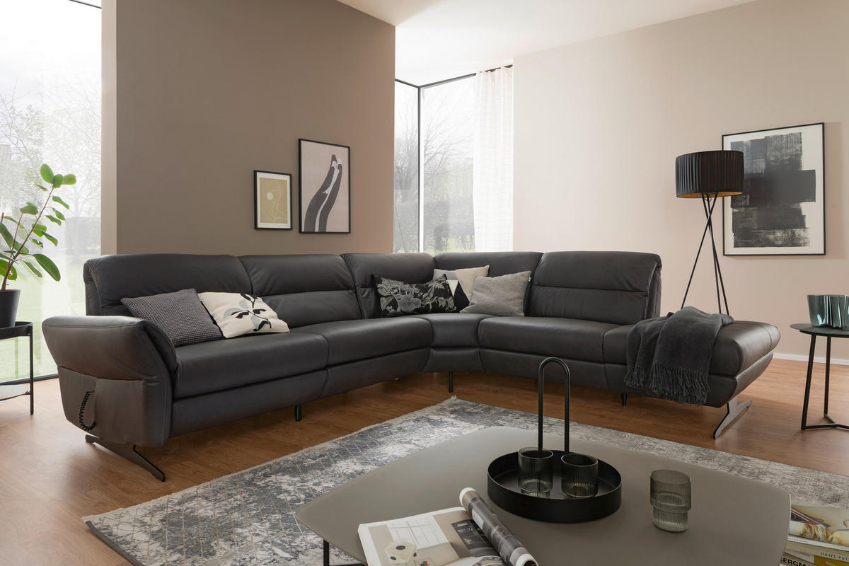 ECKSOFA Anthrazit Echtleder  inkl.  - Anthrazit/Schwarz, Design, Leder/Metall (286/258cm) - Schöner Wohnen