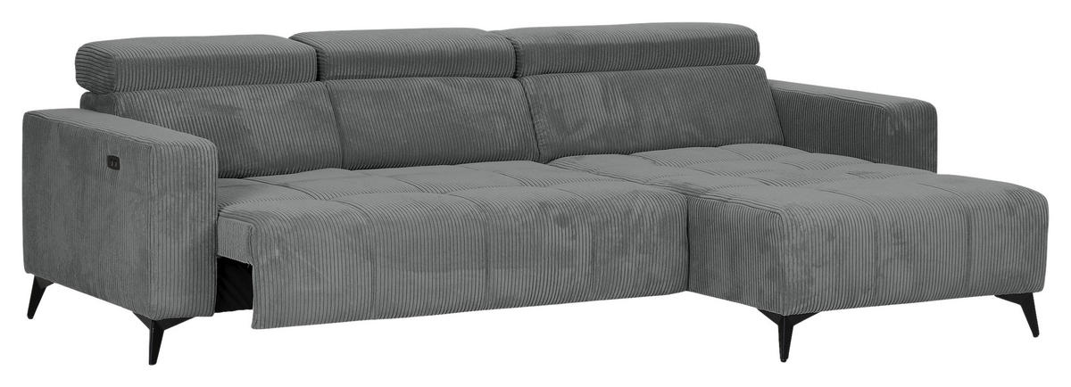 ECKSOFA Dunkelgrau Cord Rücken echt, Kopfteilverstellung, Sitzvorzug  - Dunkelgrau/Schwarz, KONVENTIONELL, Textil/Metall (257/170cm) - Carryhome