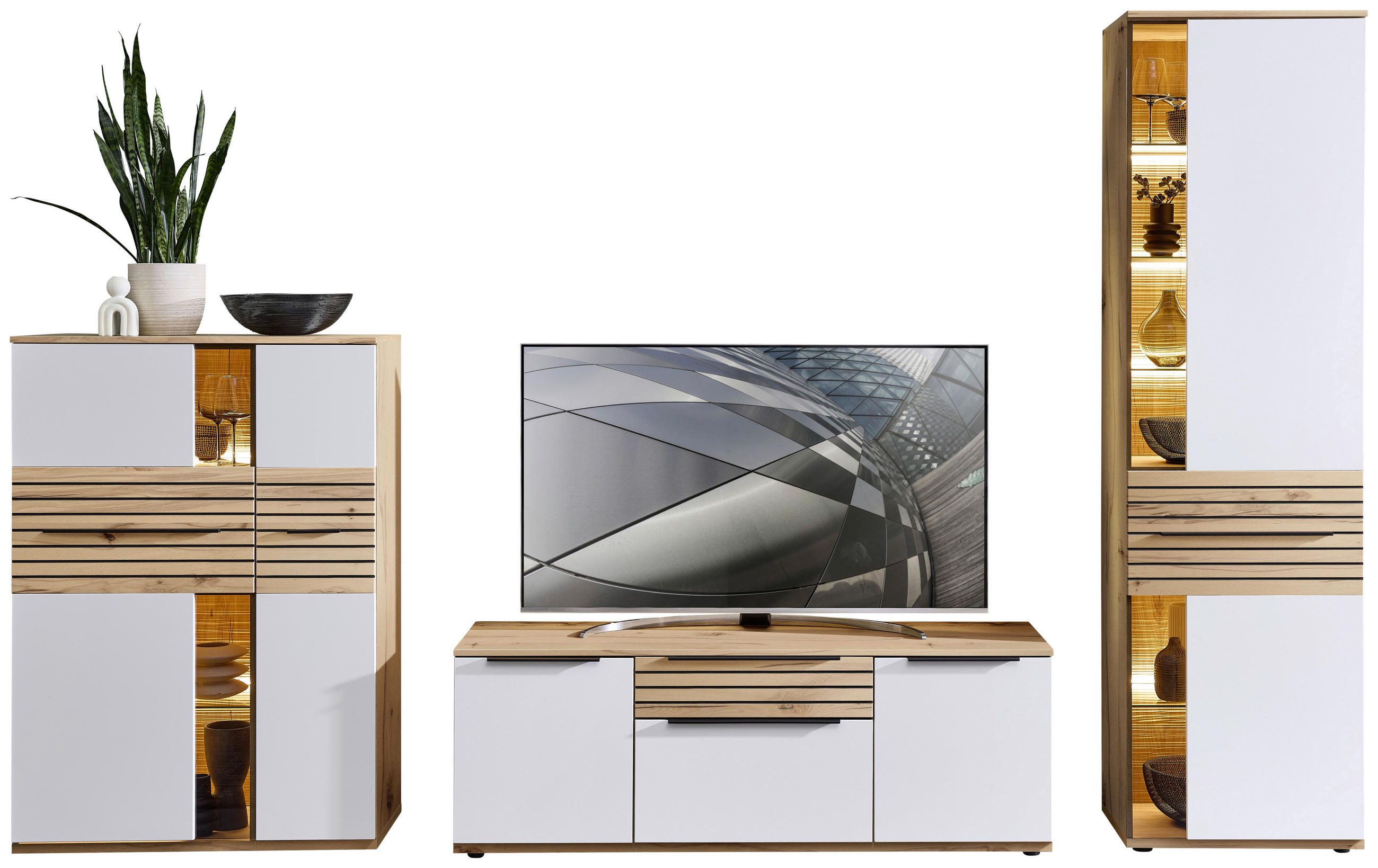 WOHNWAND  in Weiß, Buchefarben  330/215/45 cm  - Buchefarben/Schwarz, KONVENTIONELL, Glas/Holzwerkstoff (330/215/45cm) - Venda