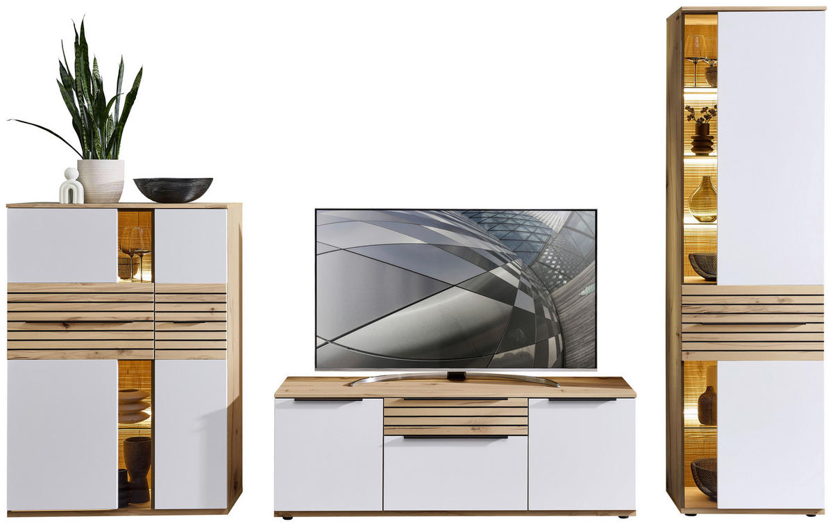 WOHNWAND  in Weiß, Buchefarben  330/215/45 cm  - Buchefarben/Schwarz, KONVENTIONELL, Glas/Holzwerkstoff (330/215/45cm) - Venda