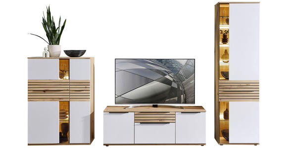 WOHNWAND  in Weiß, Buchefarben  330/215/45 cm  - Buchefarben/Schwarz, KONVENTIONELL, Glas/Holzwerkstoff (330/215/45cm) - Venda