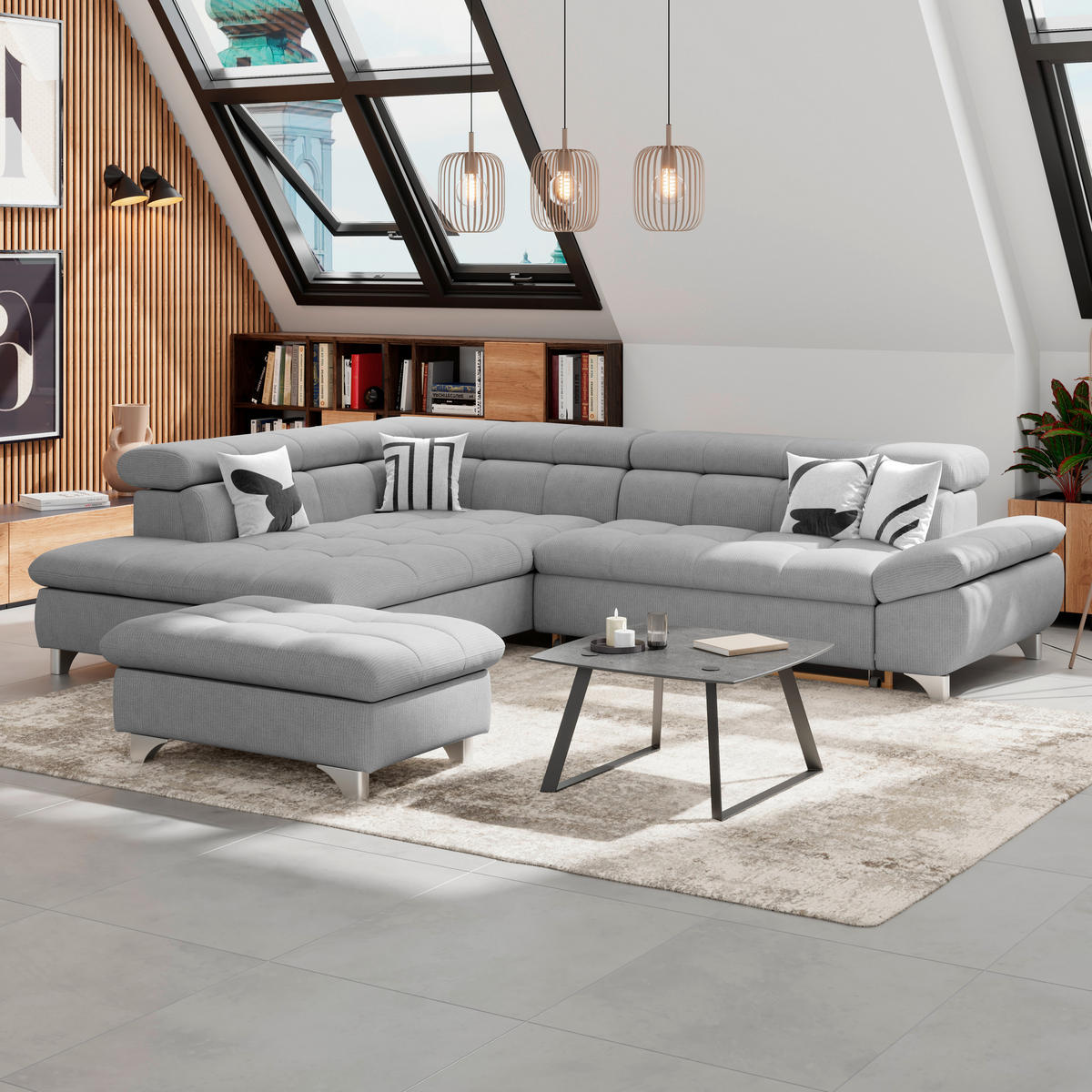ECKSOFA Dunkelgrau Chenille  - Chromfarben/Dunkelgrau, KONVENTIONELL, Textil/Metall (234/312cm) - Livetastic