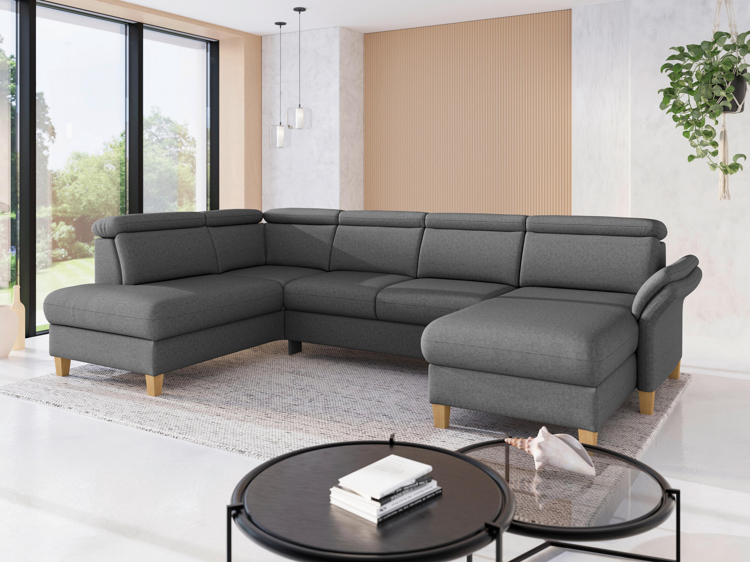 WOHNLANDSCHAFT GLENDALE E Dunkelgrau Flachgewebe  - Eichefarben/Dunkelgrau, KONVENTIONELL, Holz/Textil (193/321/166cm) - Sit & More