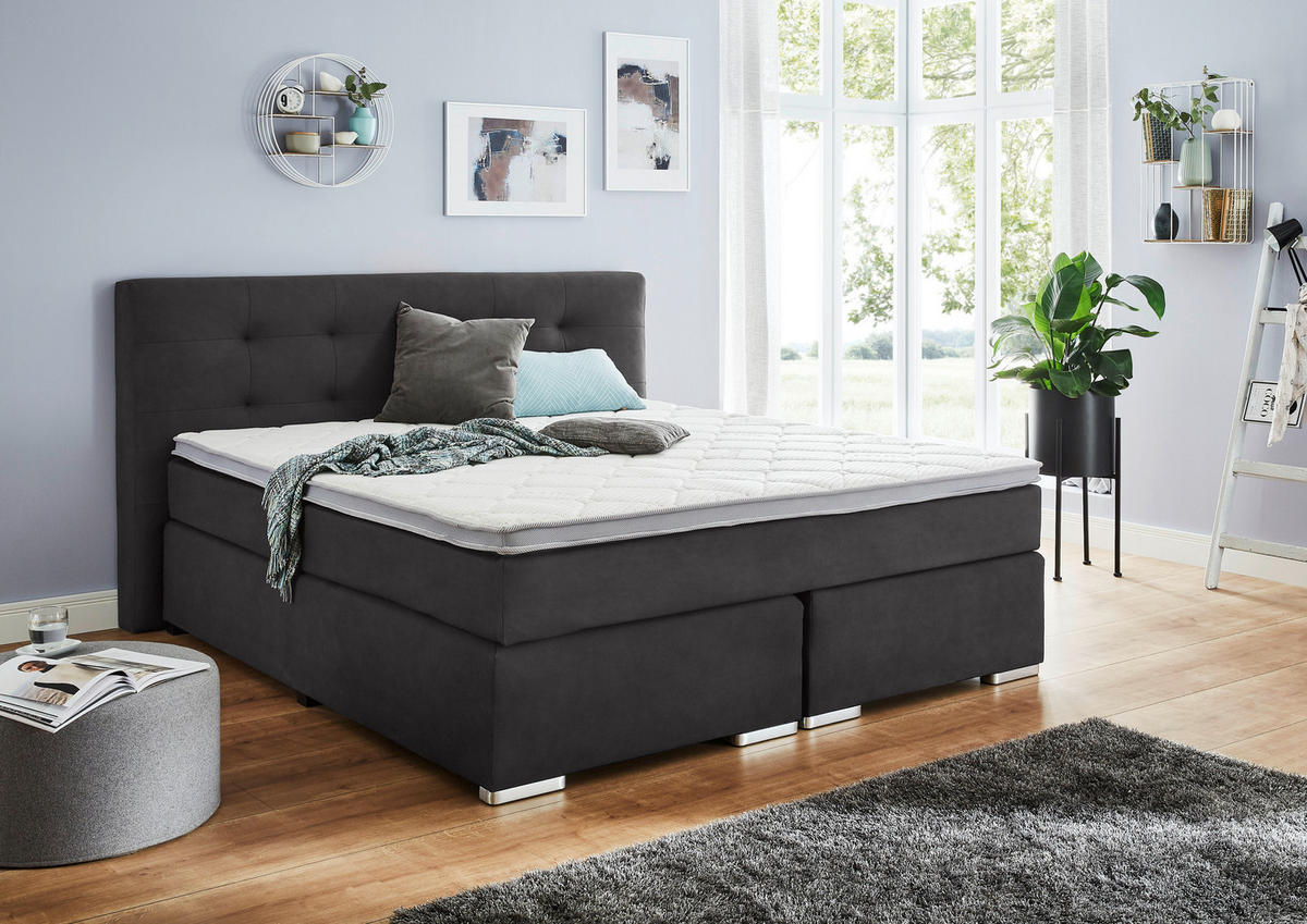 BOXSPRINGBETT 180/200 cm,  in Anthrazit, Topper, Matratzen, H2 + H3 = mittel + fest  - Chromfarben/Anthrazit, KONVENTIONELL, Kunststoff/Textil (180/200cm) - Carryhome