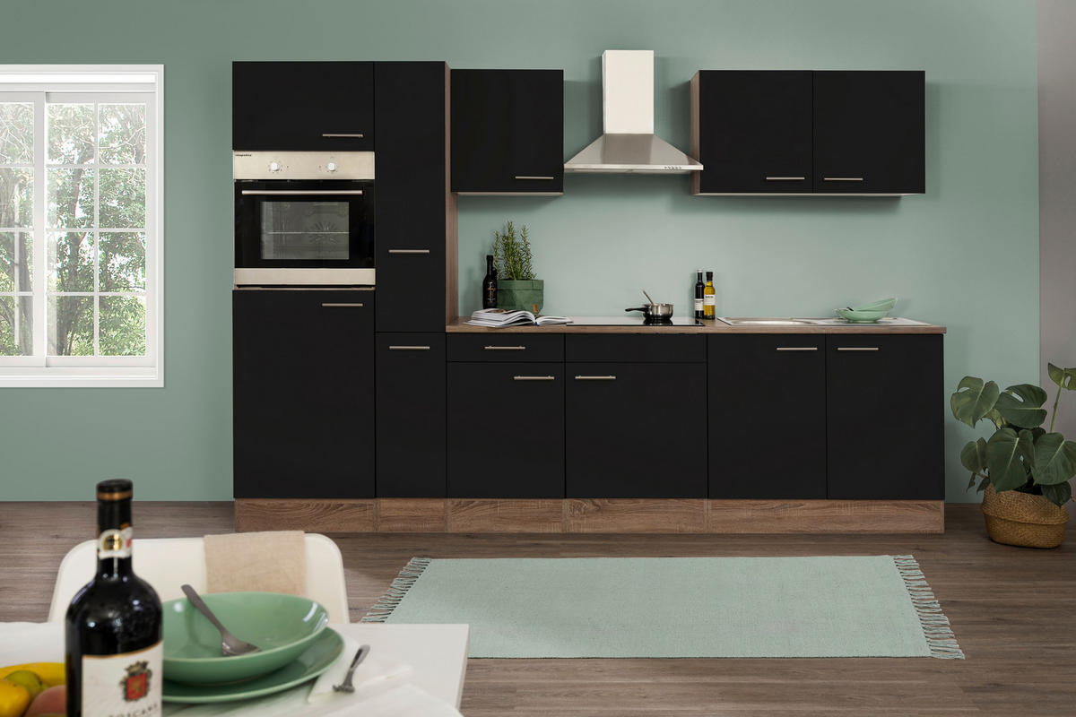 KÜCHENBLOCK 300 cm   in Schwarz, Eichefarben  - Edelstahlfarben/Eichefarben, Design, Holzwerkstoff/Metall (300cm) - Respekta