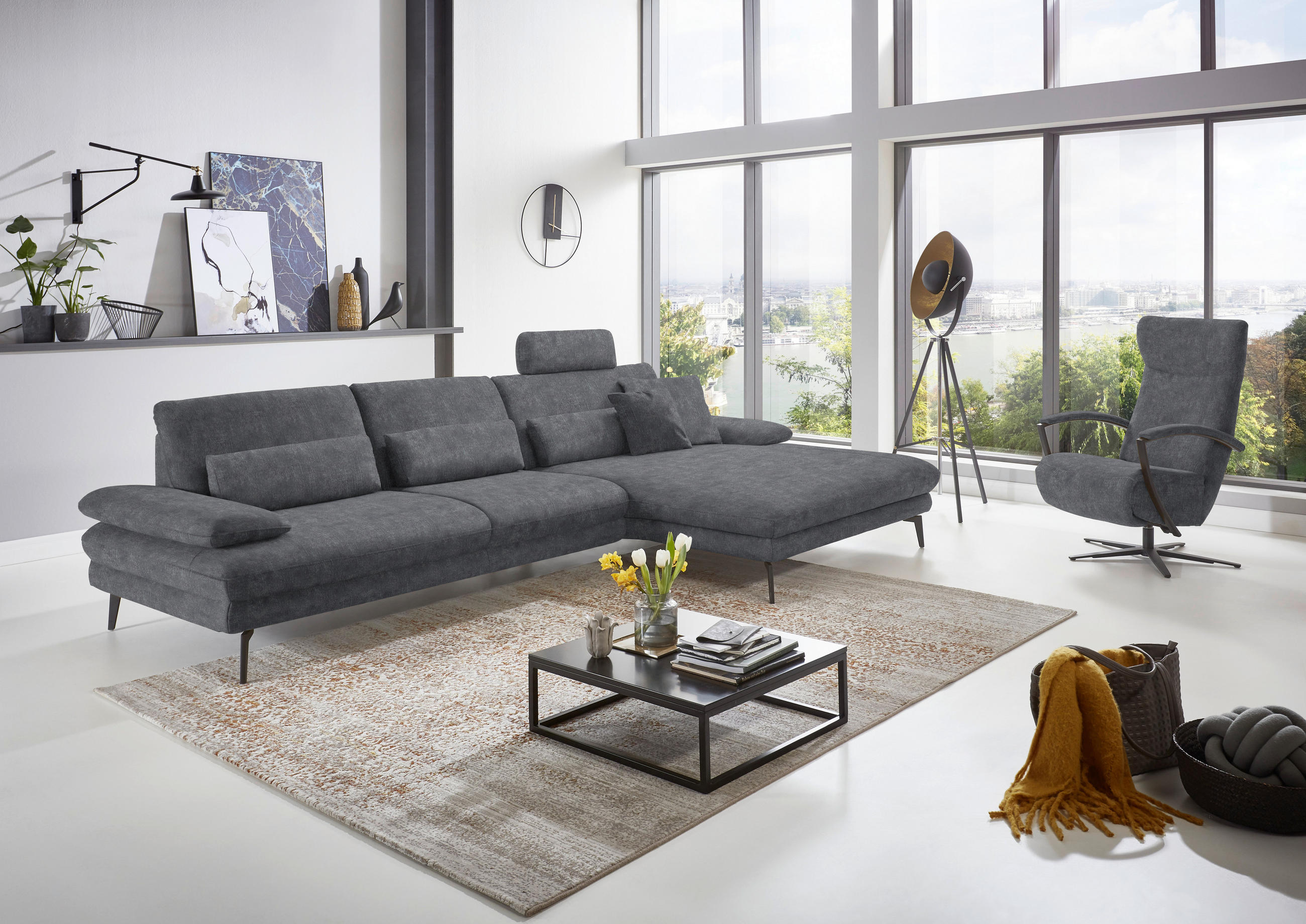 ECKSOFA in Velours Silberfarben  - Silberfarben/Schwarz, Design, Textil/Metall (310/180cm) - Dieter Knoll