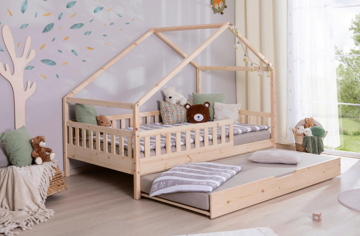 HAUSBETT 120/200 cm,  in Naturfarben, Absturzsicherung, Matratze, Rollrost, Bettkasten  - Weiß/Naturfarben, MODERN, Holz/Textil (120/200cm) - MID.YOU