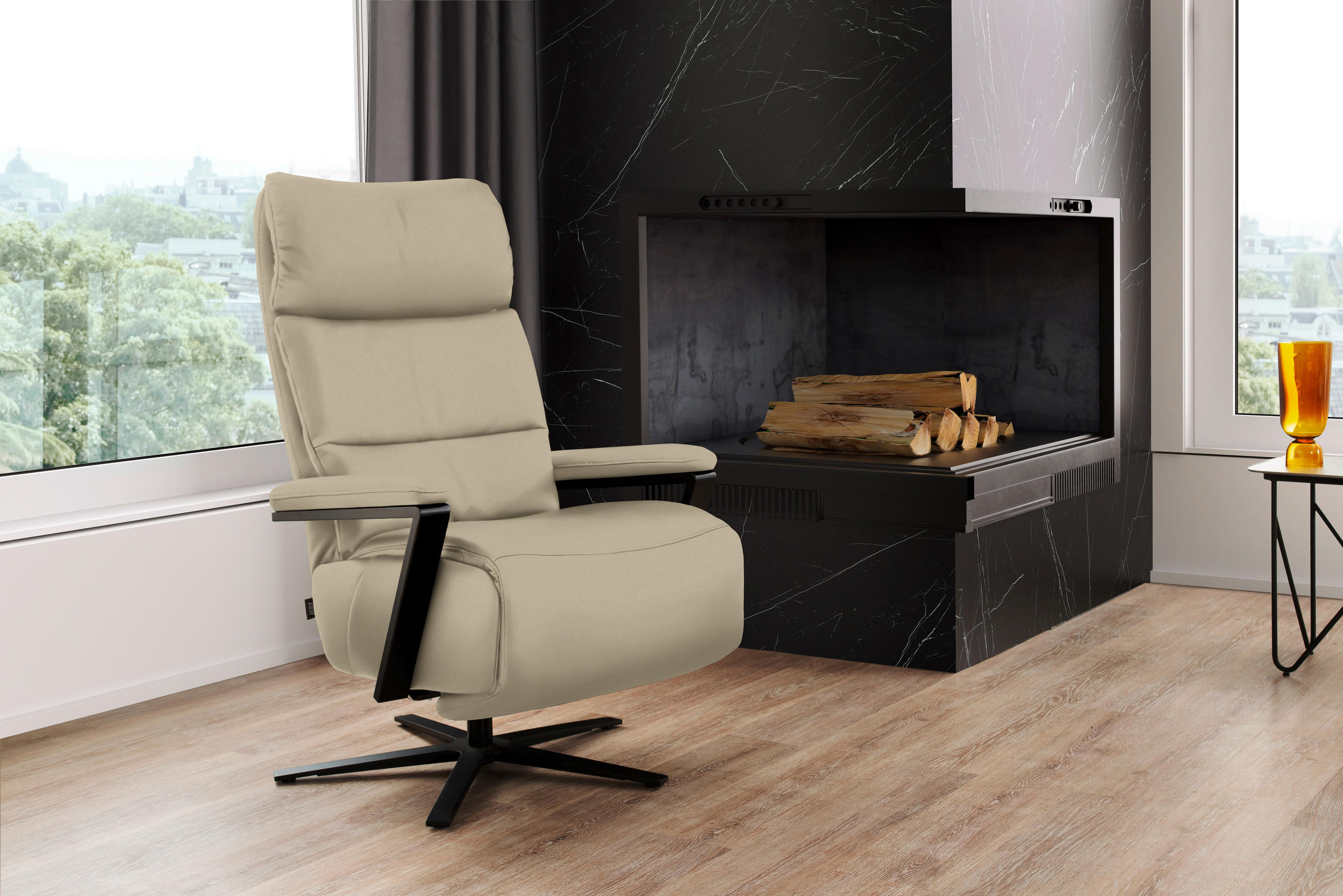 FERNSEHSESSEL mit Relaxfunktion Echtleder Ecru - Ecru/Schwarz, Design, Leder/Metall (74/111/85cm) - Schöner Wohnen