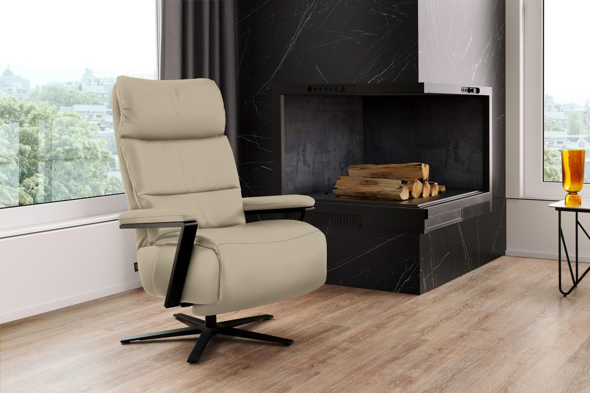 FERNSEHSESSEL  mit Relaxfunktion Echtleder Ecru  - Ecru/Schwarz, Design, Leder/Metall (74/111/85cm) - Schöner Wohnen