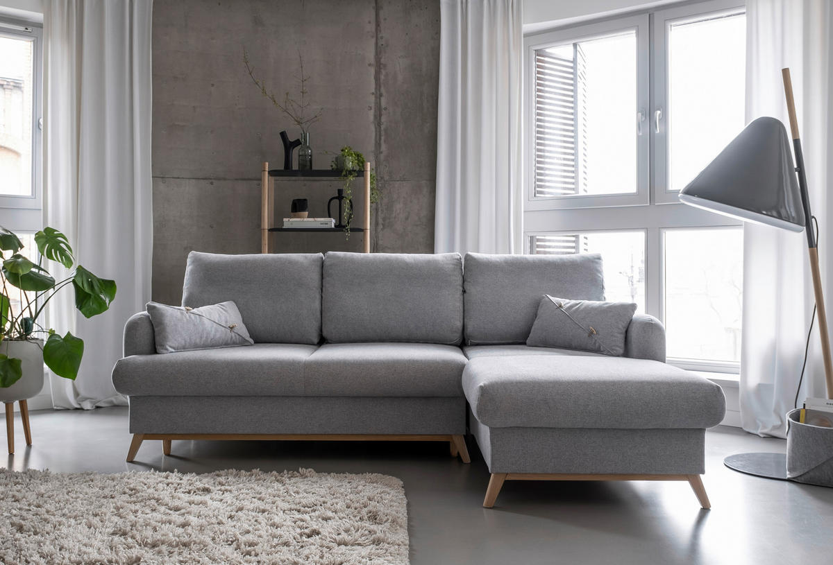 ECKSOFA in Chenille Hellgrau  - Hellgrau/Naturfarben, Holz/Textil (235/157cm) - MID.YOU
