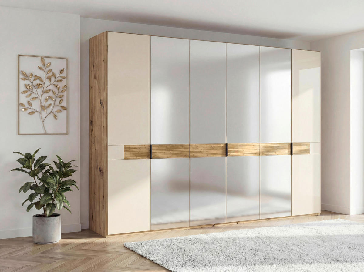 DREHTÜRENSCHRANK 300/216/58 cm,  in Eichefarben, Champagner, 6 Tür(en)  - Schieferfarben/Champagner, Design, Glas/Holz (300/216/58cm) - Musterring