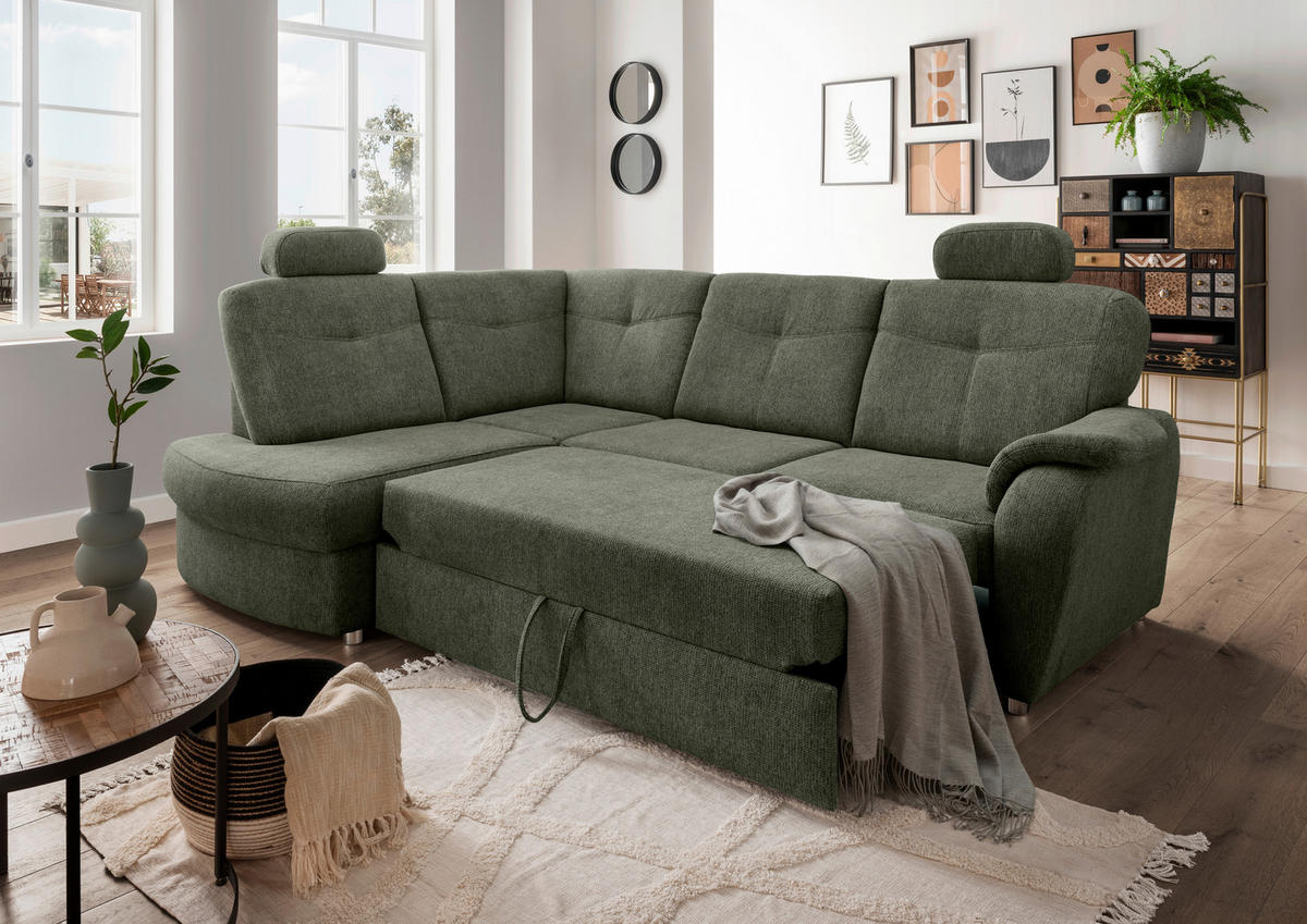 ECKSCHLAFSOFA in Chenille Dunkelgrün  - Chromfarben/Dunkelgrün, Modern, Kunststoff/Textil (180/264cm) - Livetastic