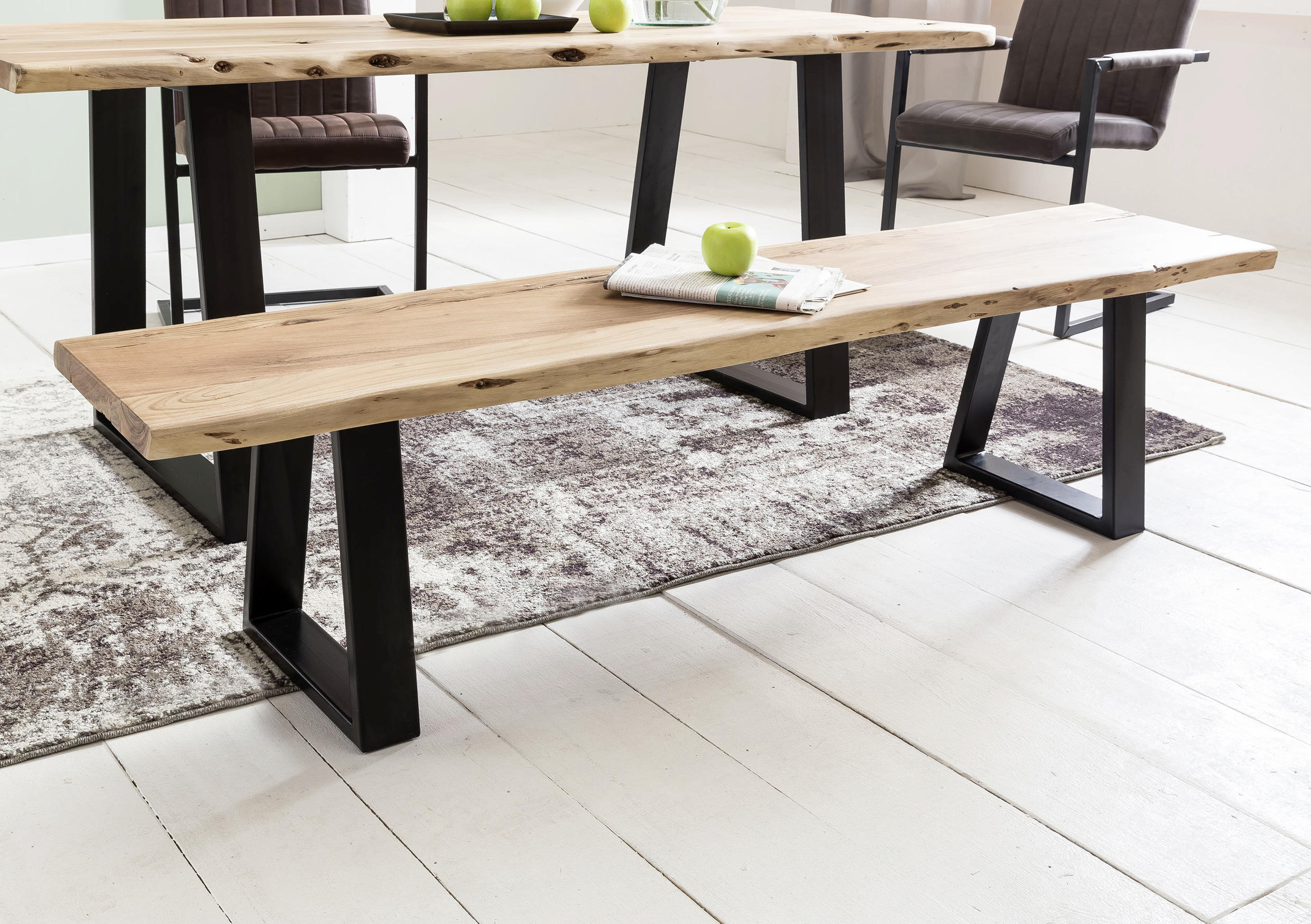 SITZBANK 160/45/40 cm Akaziefarben Akazie massiv Metall  - Schwarz/Akaziefarben, Design, Holz/Metall (160/45/40cm) - MID.YOU