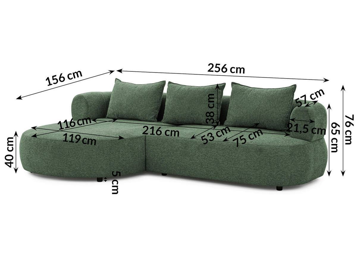 ECKSOFA in Chenille Grün  156/256 cm  - Schwarz/Grün, Design, Kunststoff/Textil (156/256cm) - Livetastic