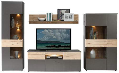 WOHNWAND  in Grau, Eichefarben  319/203/52 cm  - Chromfarben/Eichefarben, Basics, Glas/Holzwerkstoff (319/203/52cm) - MID.YOU