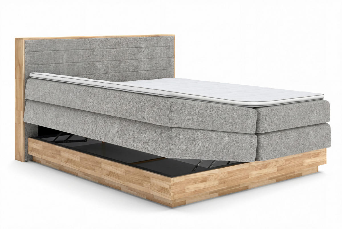 BOXSPRINGBETT 180/200 cm,  in Taupe, Eichefarben, Matratze, gepolstertes Kopfteil, Bettkasten, Topper, H3 + H3 = fest  - Taupe/Eichefarben, MODERN, Holz/Kunststoff (180/200cm) - Livetastic