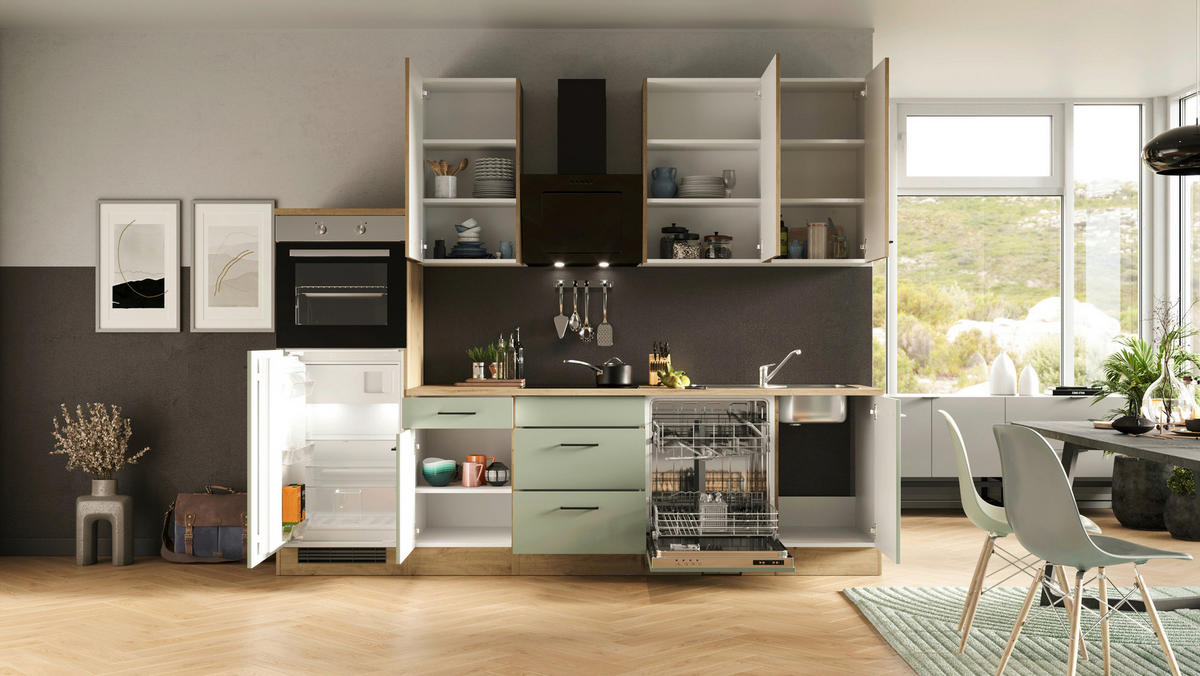 KÜCHENBLOCK 280 cm   in Grün, Eiche Artisan  - Schwarz/Eiche Artisan, KONVENTIONELL, Holzwerkstoff/Metall (280cm) - FlexWell