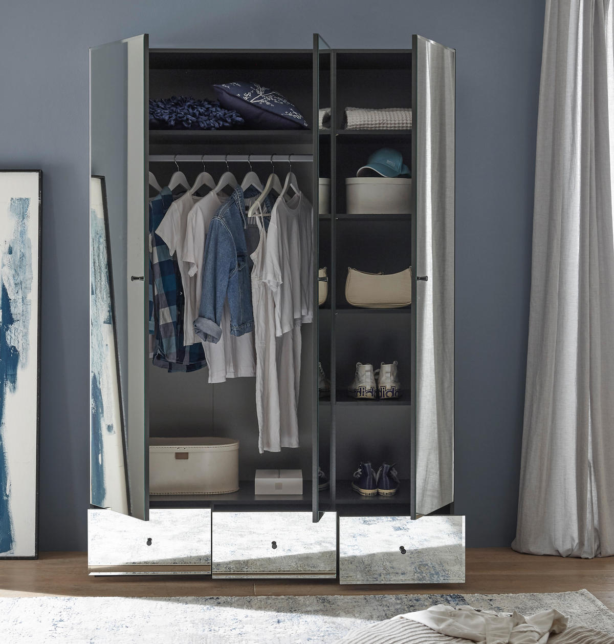 KLEIDERSCHRANK 135/195/55 cm,  in Graphitfarben, 3-türig  - Schwarz/Graphitfarben, KONVENTIONELL, Glas/Holzwerkstoff (135/195/55cm) - Boxxx