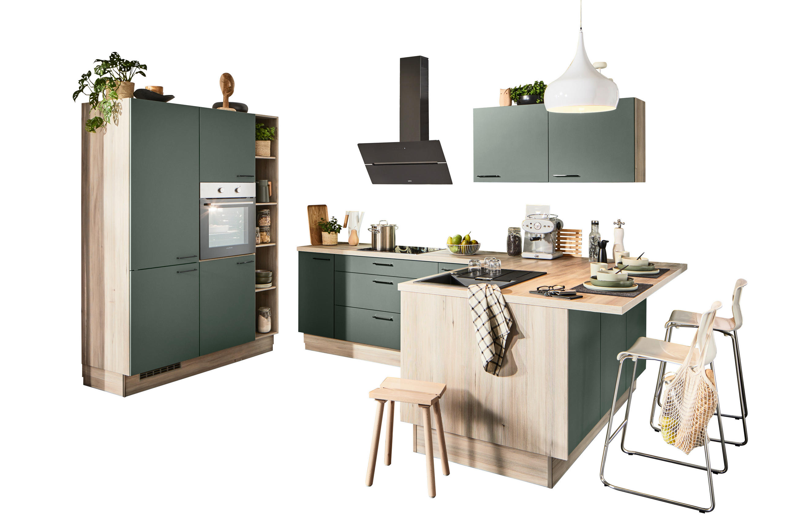 ECKKÜCHE XO 15  in Grün, Tannenholzfarben  - Tannenholzfarben/Schwarz, Design, Holzwerkstoff/Metall (150/280/121,6cm) - Xora