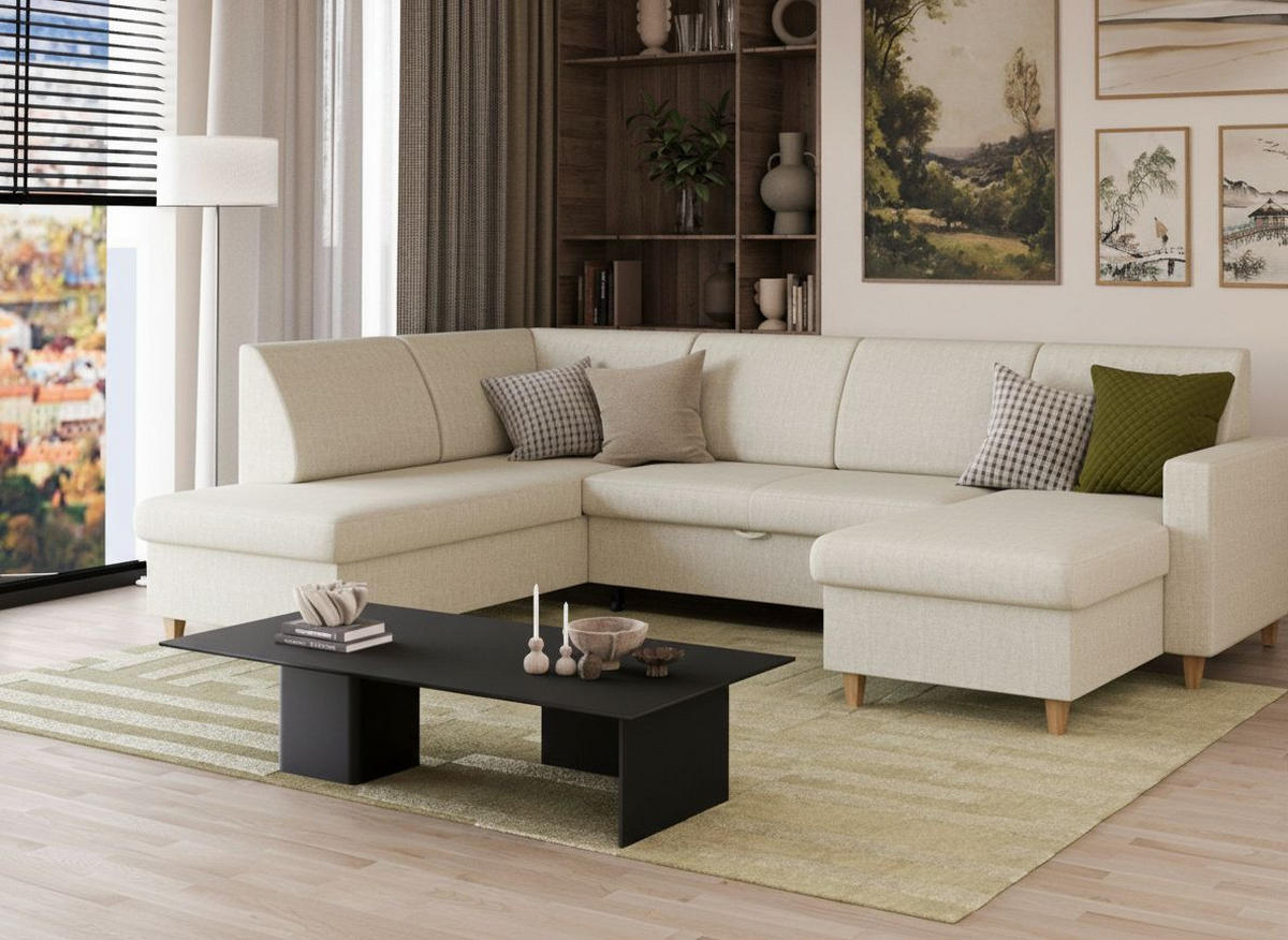 WOHNLANDSCHAFT NIKAS Creme Bouclé  - Buchefarben/Creme, Design, Holz/Textil (310/198/145cm) - MID.YOU