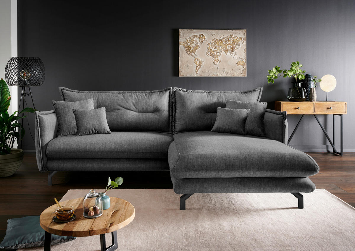 ECKSOFA in Velours Grau  - Türkis/Schwarz, Modern, Textil/Metall (255/180cm) - Livetastic