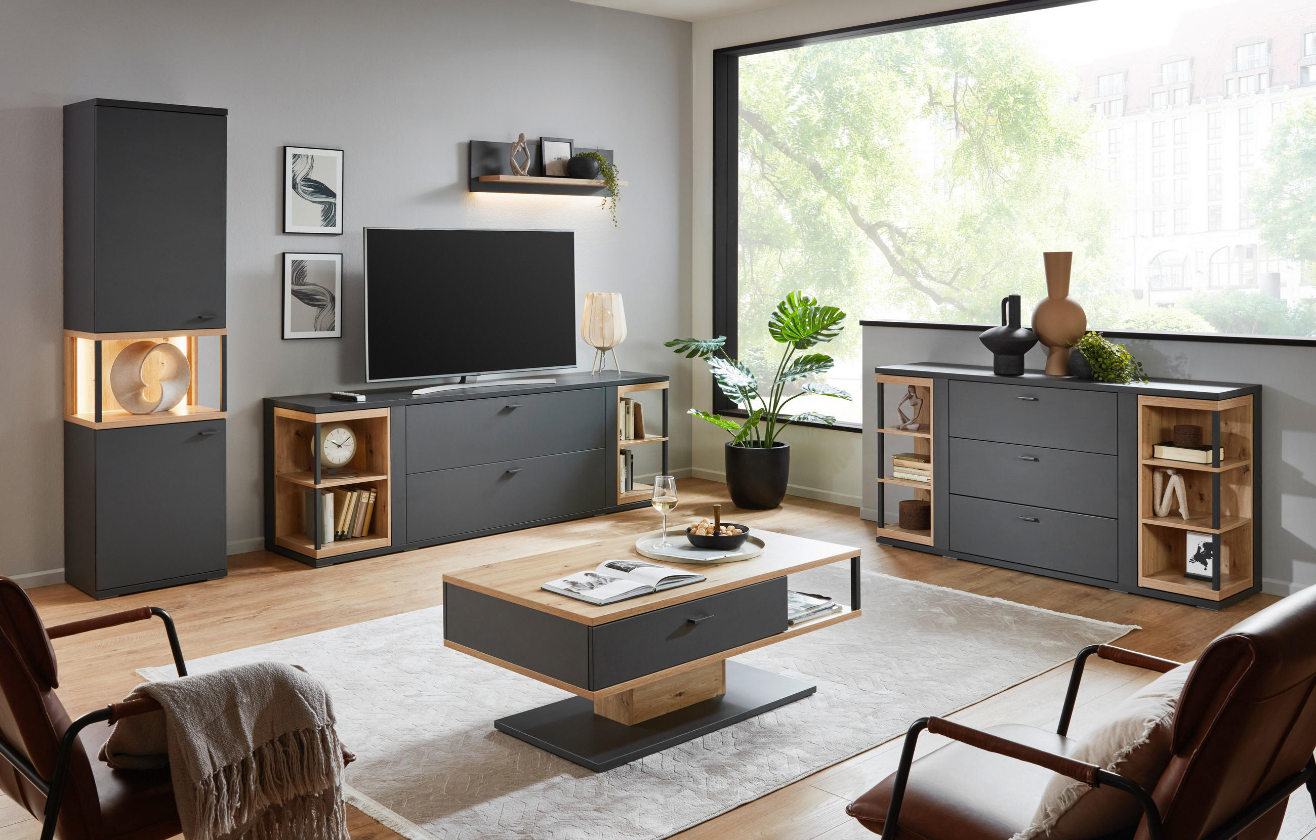 Thumbnail - Hom`in Sideboard, Grau, Eiche Artisan, Metall, 4 Fächer, 3 Schublade(n) Schubladen, 160x83.8x40.4 cm, Wohnzimmer, Kommod...