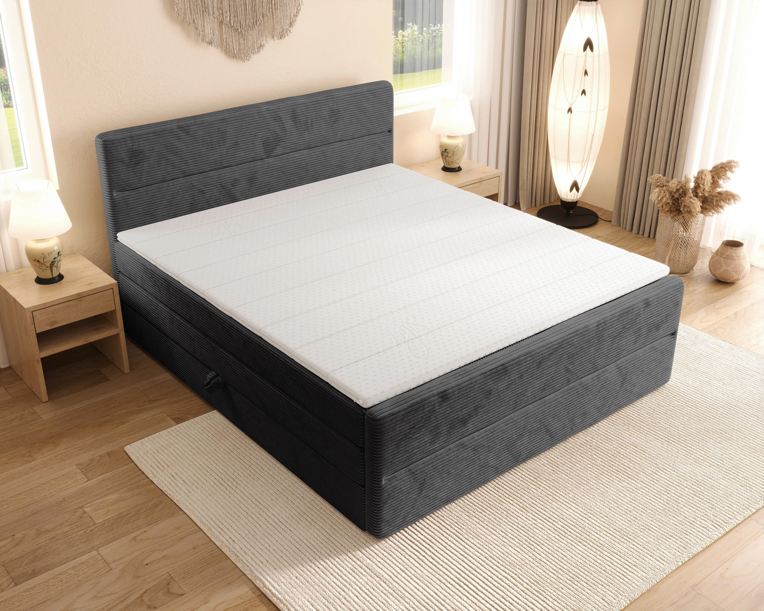 BOXSPRINGBETT 180/200 cm,  in Dunkelgrau, gepolstertes Kopfteil, Bettkasten, Topper, Matratzen, H3 + H4 = fest + sehr fest  - Dunkelgrau/Schwarz, KONVENTIONELL, Kunststoff/Textil (180/200cm) - Chameo