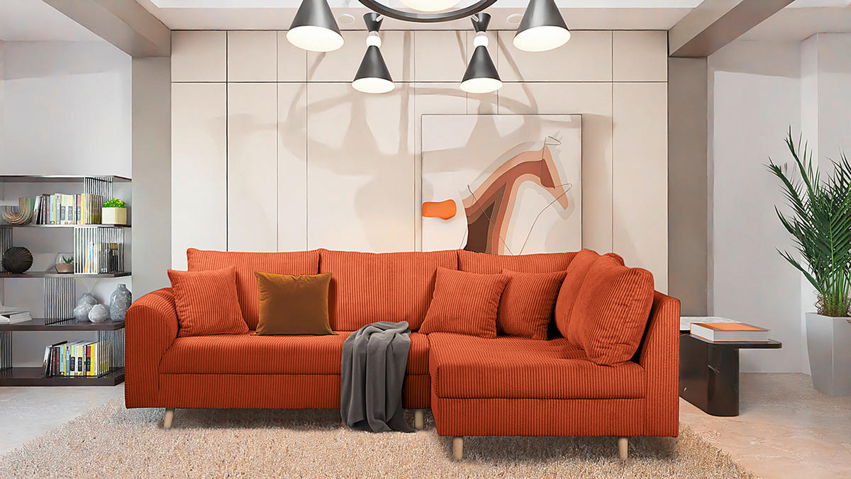 ECKSOFA Ariella Rostfarben Cord  - Rostfarben/Naturfarben, Design, Holz/Textil (231/161cm) - Livetastic