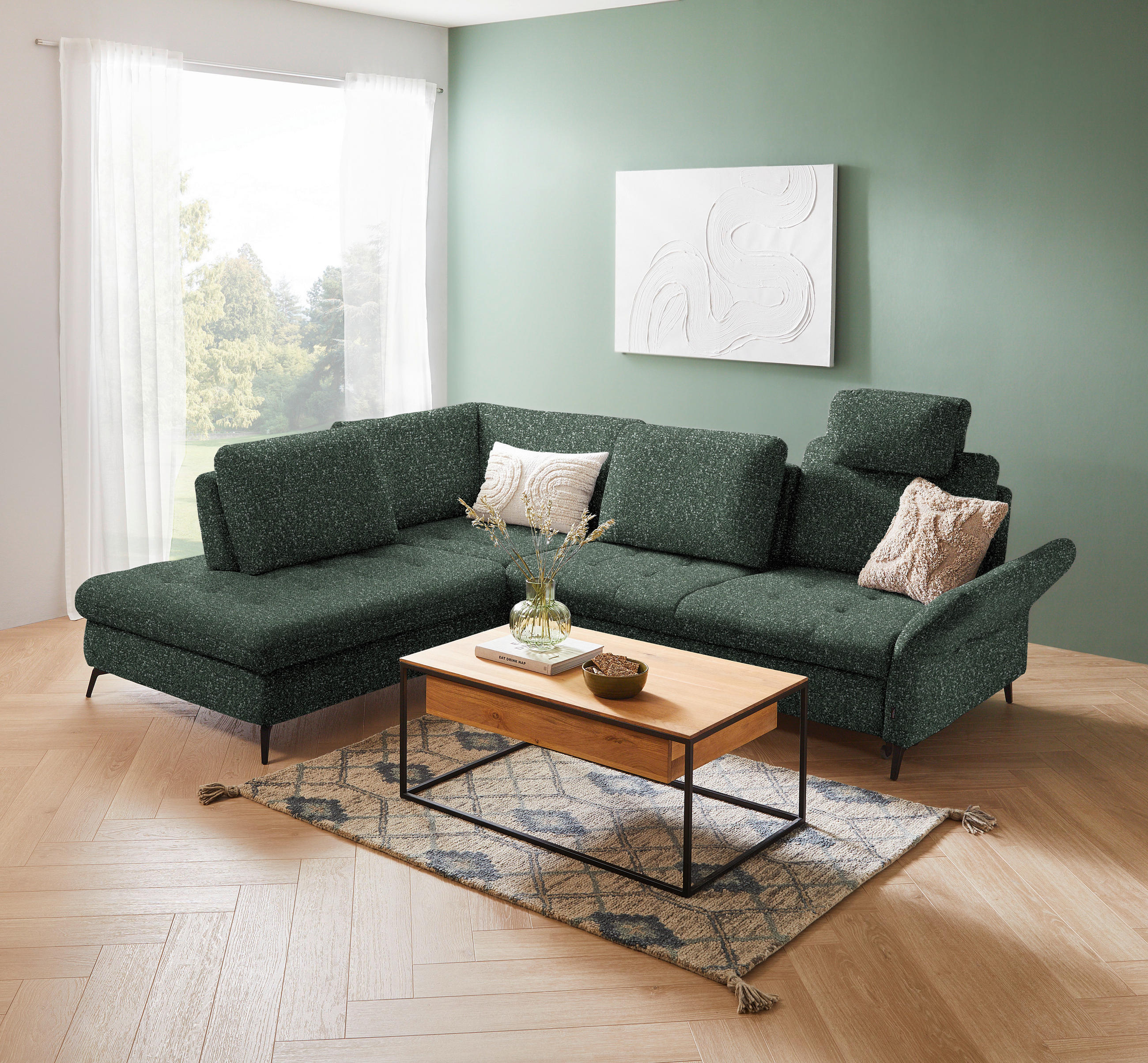ECKSOFA Grün Bouclé  - Schwarz/Grün, Natur, Textil/Metall (233/288cm) - Valnatura