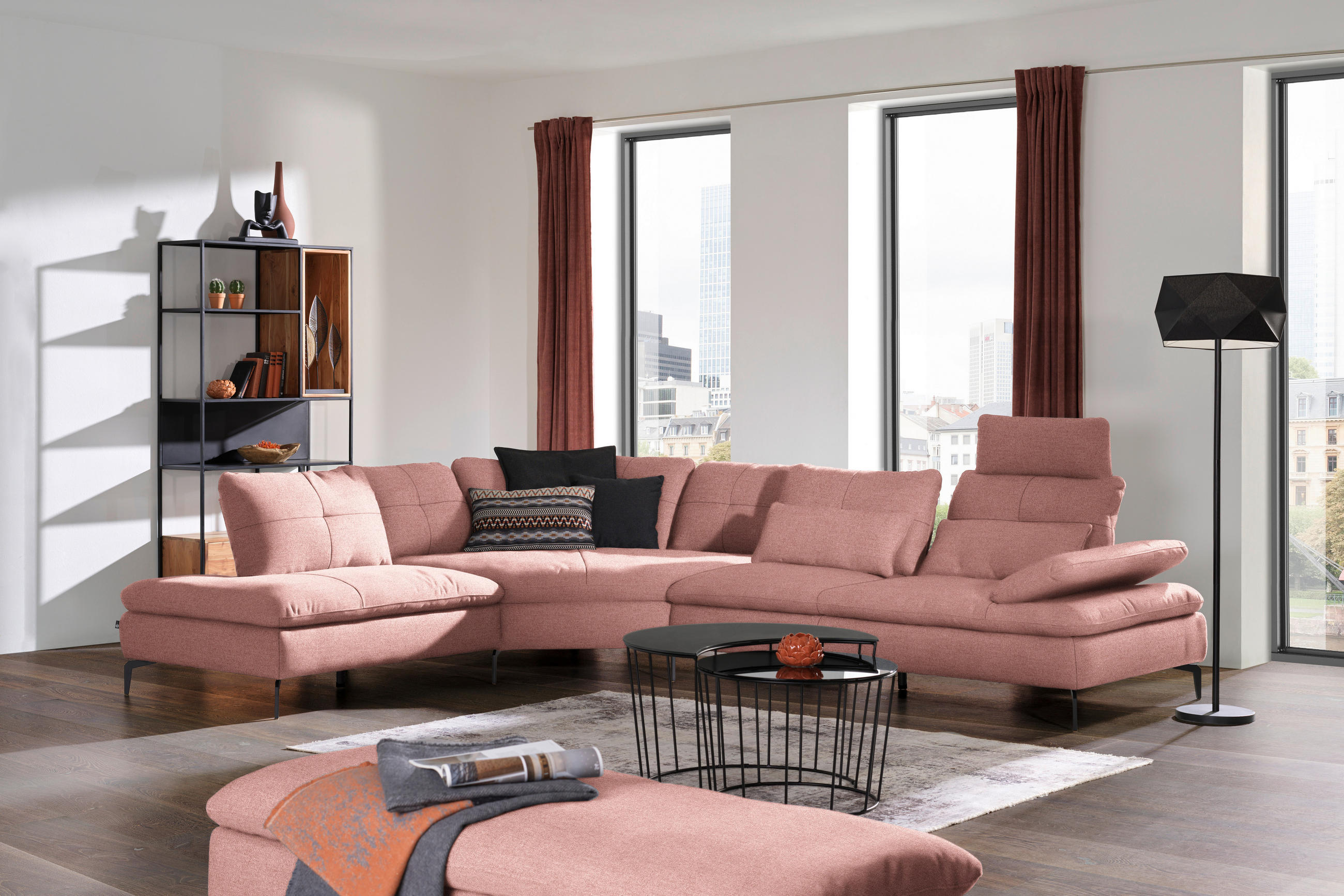 ECKSOFA in Flachgewebe Altrosa  - Schwarz/Altrosa, Design, Textil/Metall (271/344cm) - Chilliano