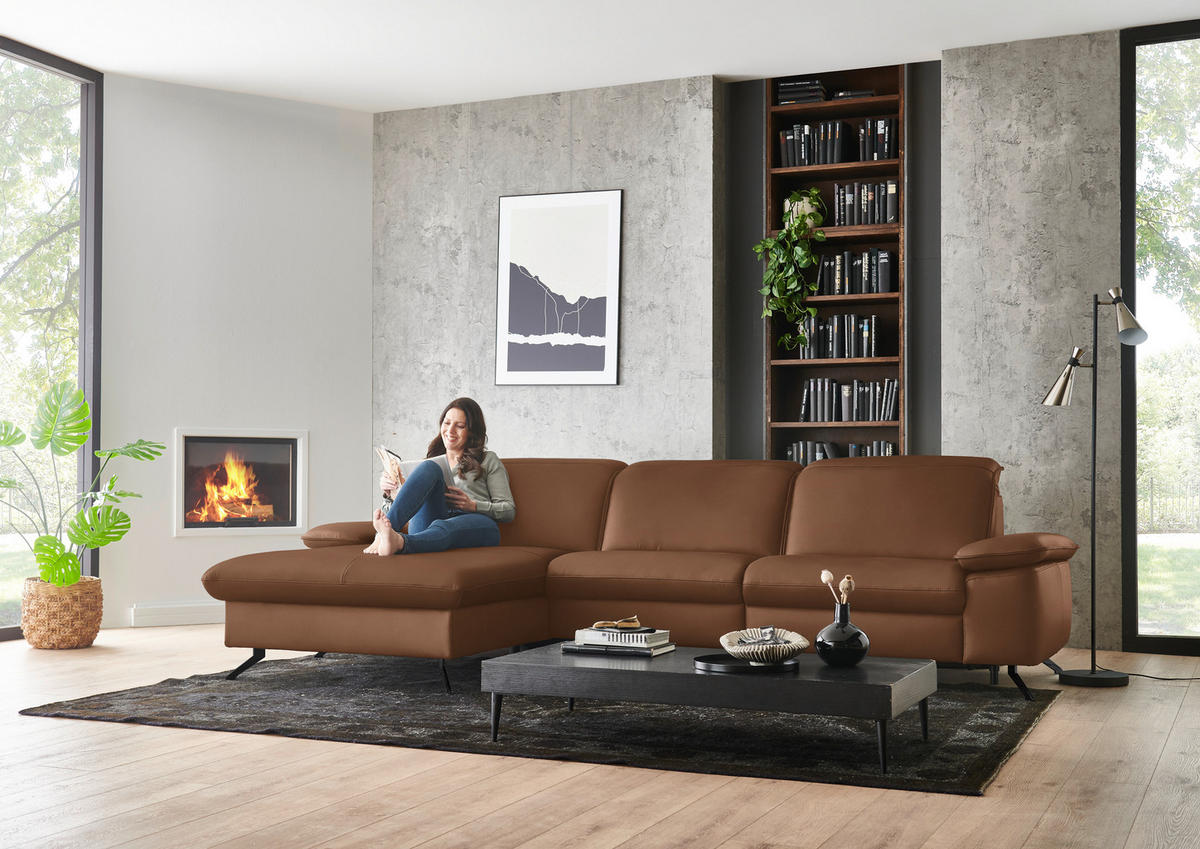 ECKSOFA  Echtleder Beigebraun  - Beigebraun/Schwarz, Design, Leder/Metall (169/307cm) - Beldomo Premium