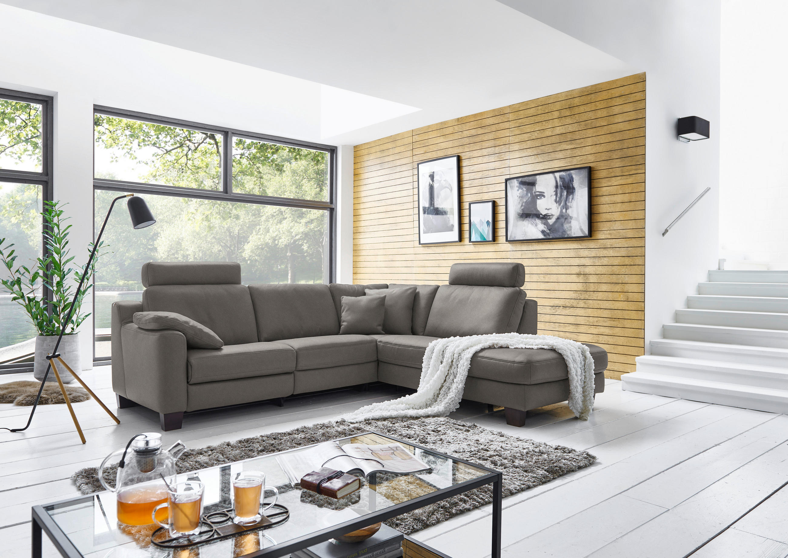 ECKSOFA in Echtleder Graubraun  - Eichefarben/Graubraun, Design, Leder/Holz (259/235cm) - Valdera