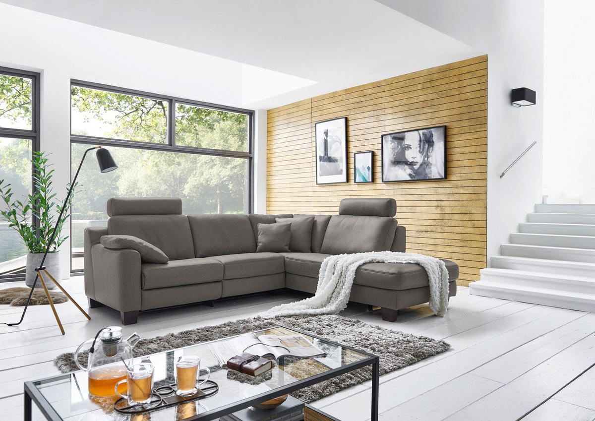 ECKSOFA in Echtleder Graubraun  - Eichefarben/Graubraun, Design, Leder/Holz (259/235cm) - Valdera