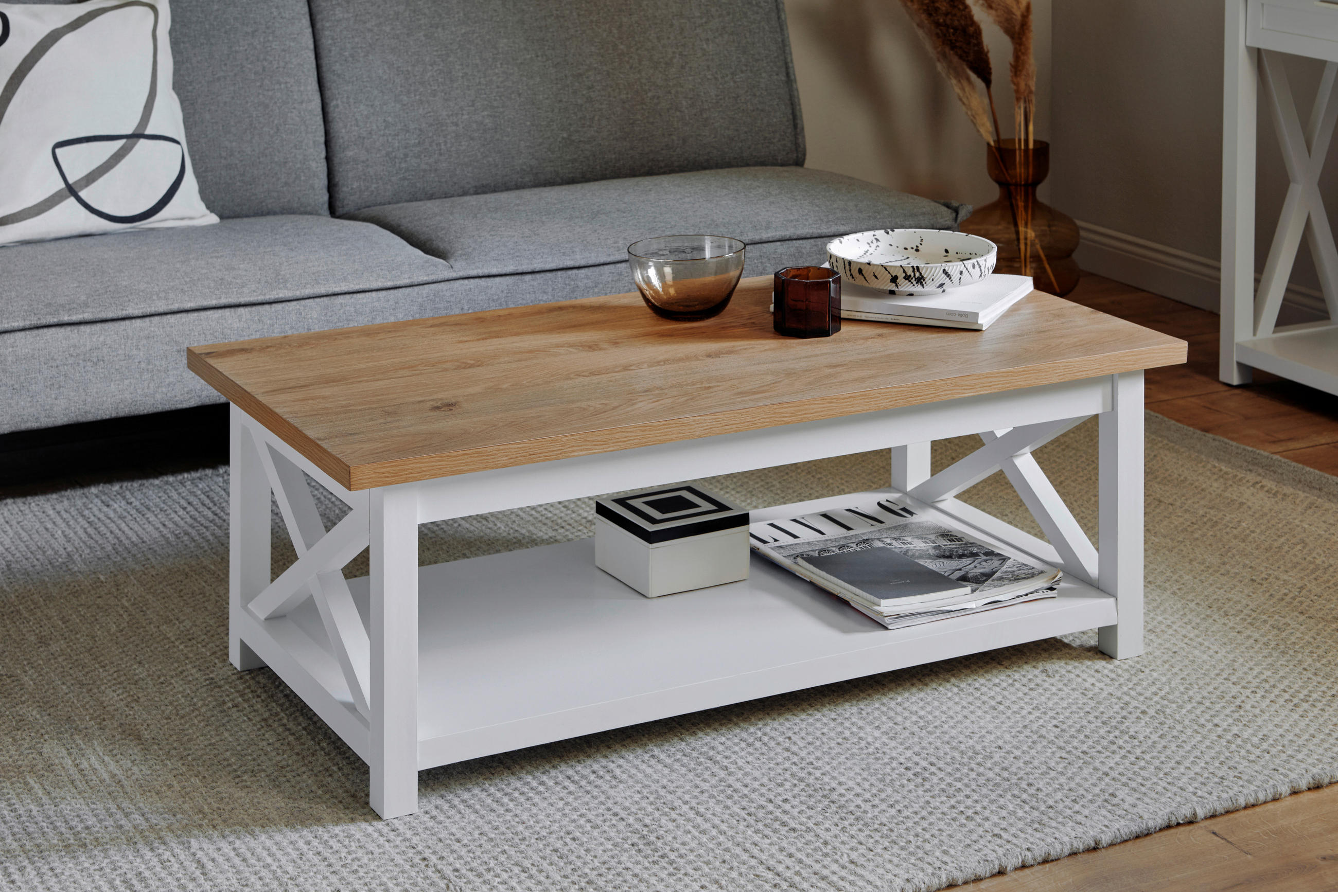 COUCHTISCH 110/57/42 cm rechteckig Weiß, Eichefarben  - Eichefarben/Weiß, LIFESTYLE, Holzwerkstoff (110/57/42cm)
