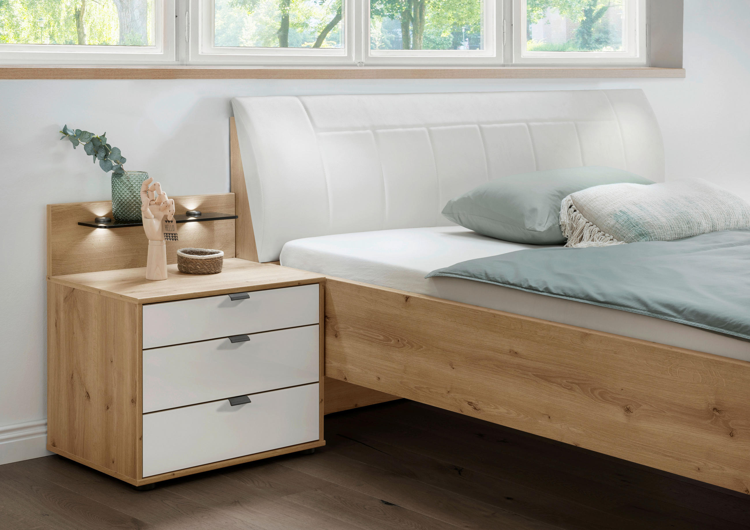 NACHTKÄSTCHEN 60/48/43 cm  in Eiche Bianco, Weiss  - Schieferfarben/Eiche Bianco, Konventionell, Glas/Holzwerkstoff (60/48/43cm) - Dieter Knoll