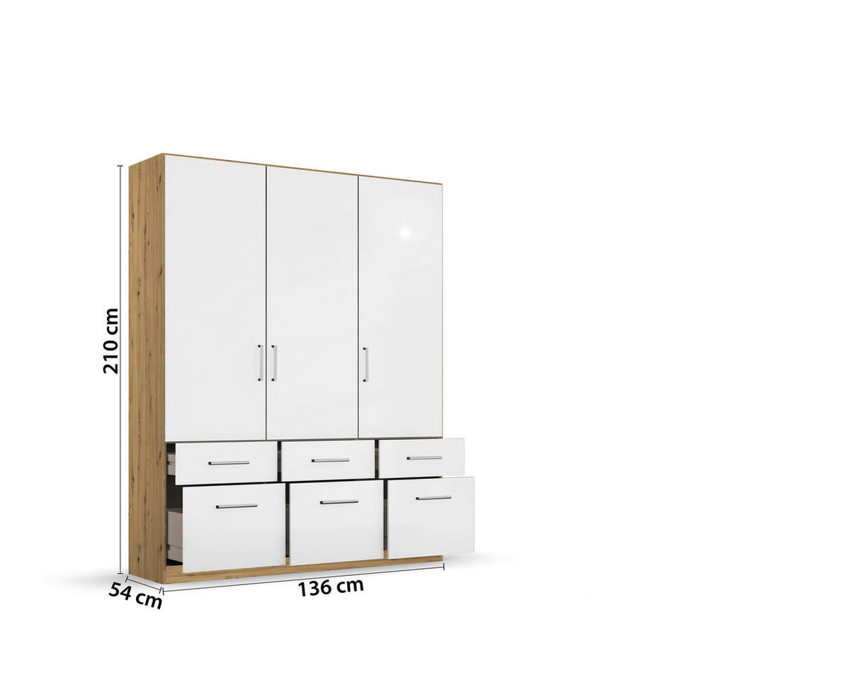 DREHTÜRENSCHRANK  in Eiche Artisan, Weiß Hochglanz  - Chromfarben/Weiß Hochglanz, MODERN, Holzwerkstoff/Kunststoff (136/210/54cm) - Rauch Möbel