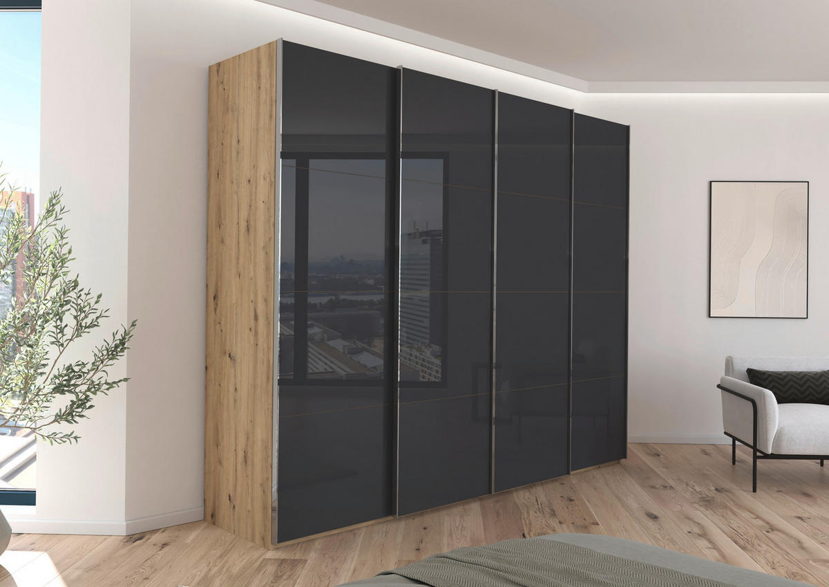 SCHWEBETÜRENSCHRANK 271/235/68 cm 4-türig Schwarz, Eiche Artisan  - Chromfarben/Schwarz, Design, Glas/Holzwerkstoff (271/235/68cm) - Novel