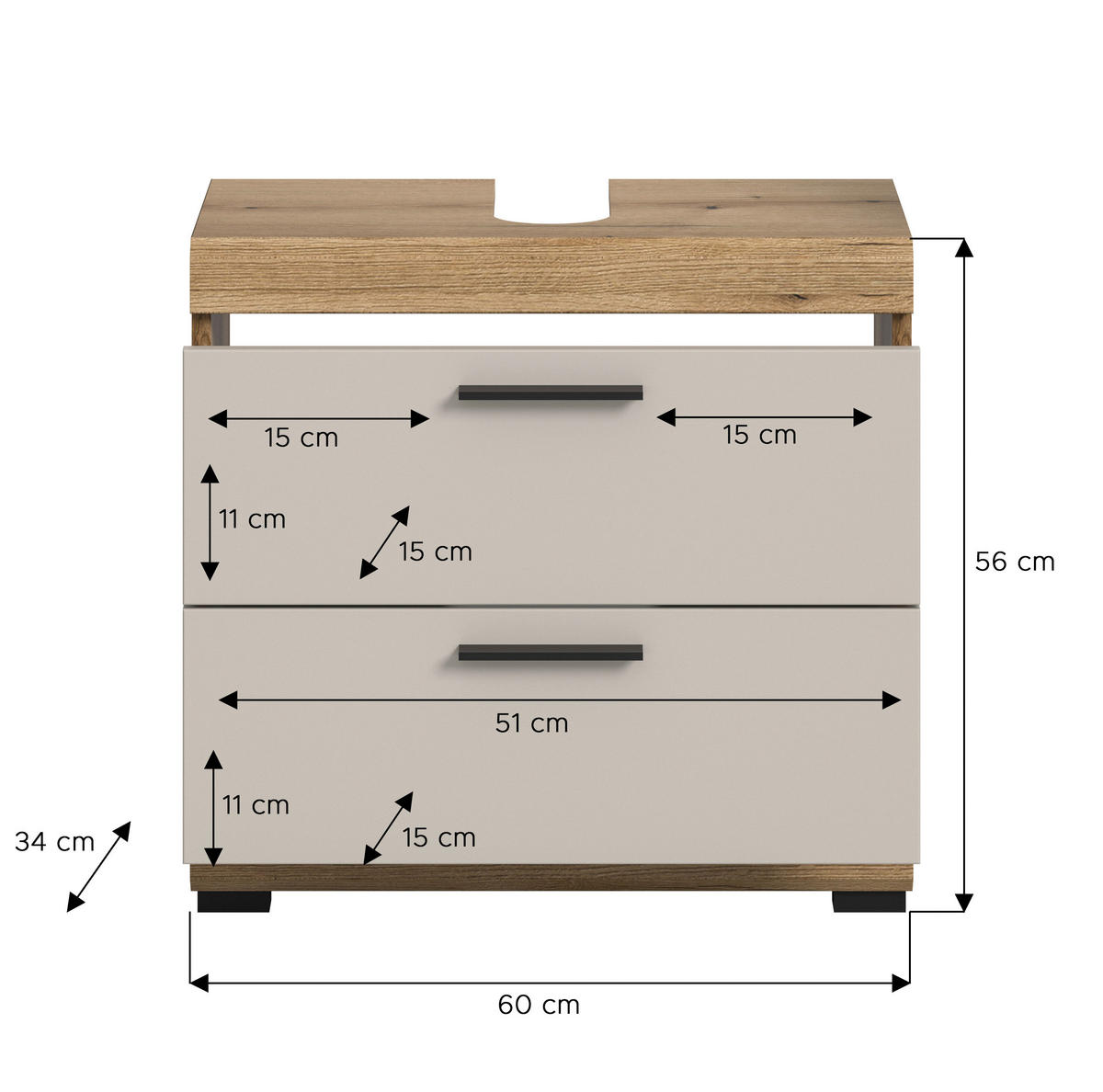 WASCHBECKENUNTERSCHRANK 60/56/34 cm  - Kaschmir/Schwarz, MODERN, Holzwerkstoff/Kunststoff (60/56/34cm) - MID.YOU
